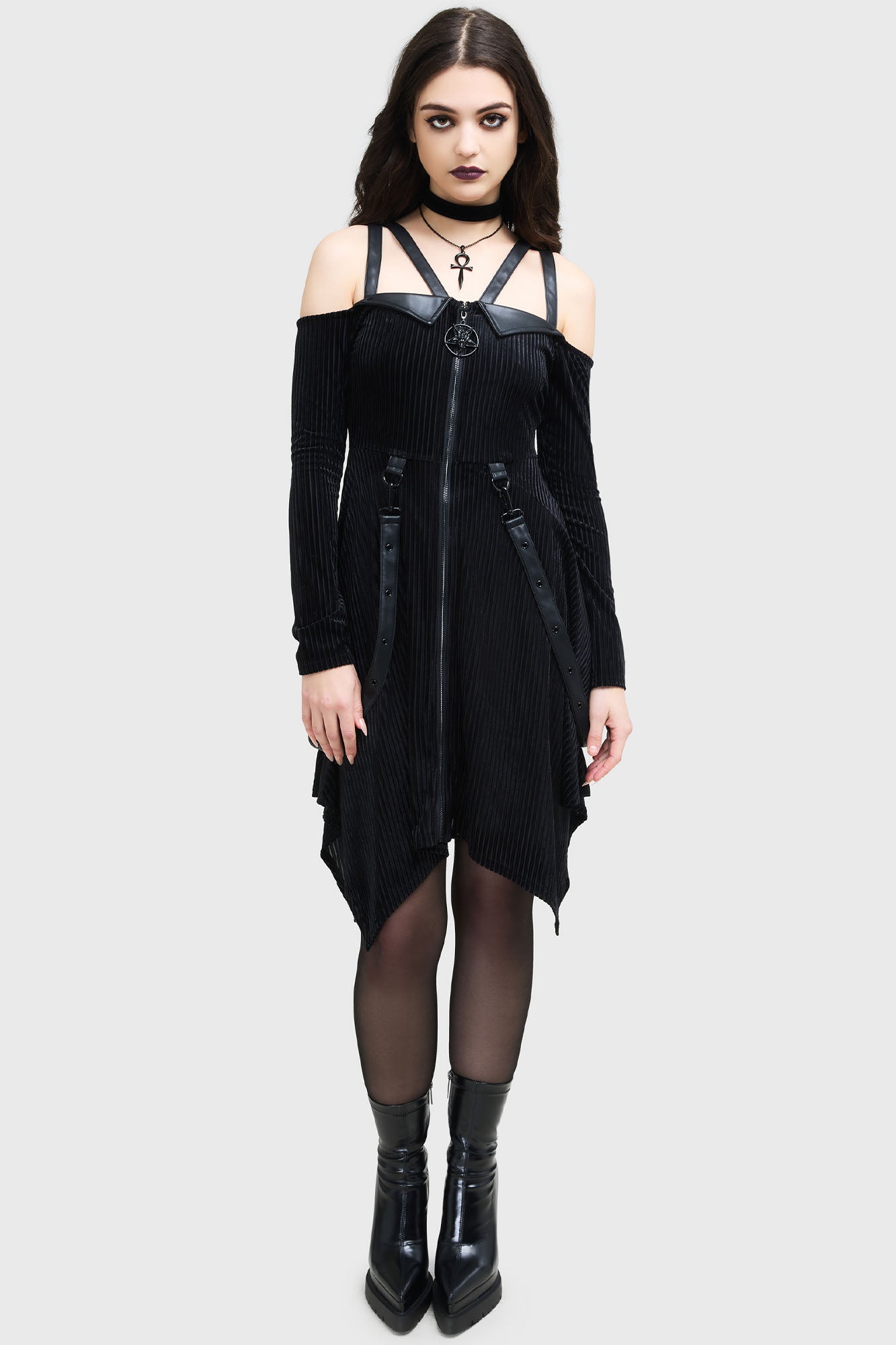 Killstar Zelphoria Velvet Mini Dress with PU Straps
