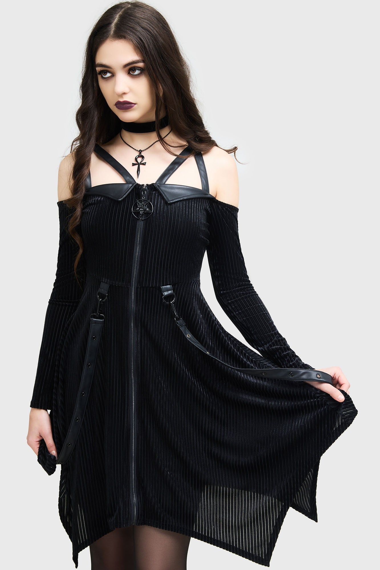 Killstar Zelphoria Velvet Mini Dress with PU Straps