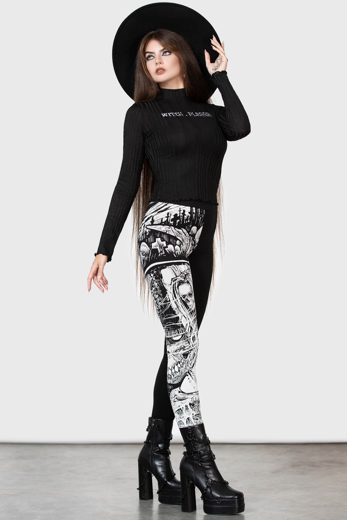Killstar Horned God Cotton Leggings with Split Design