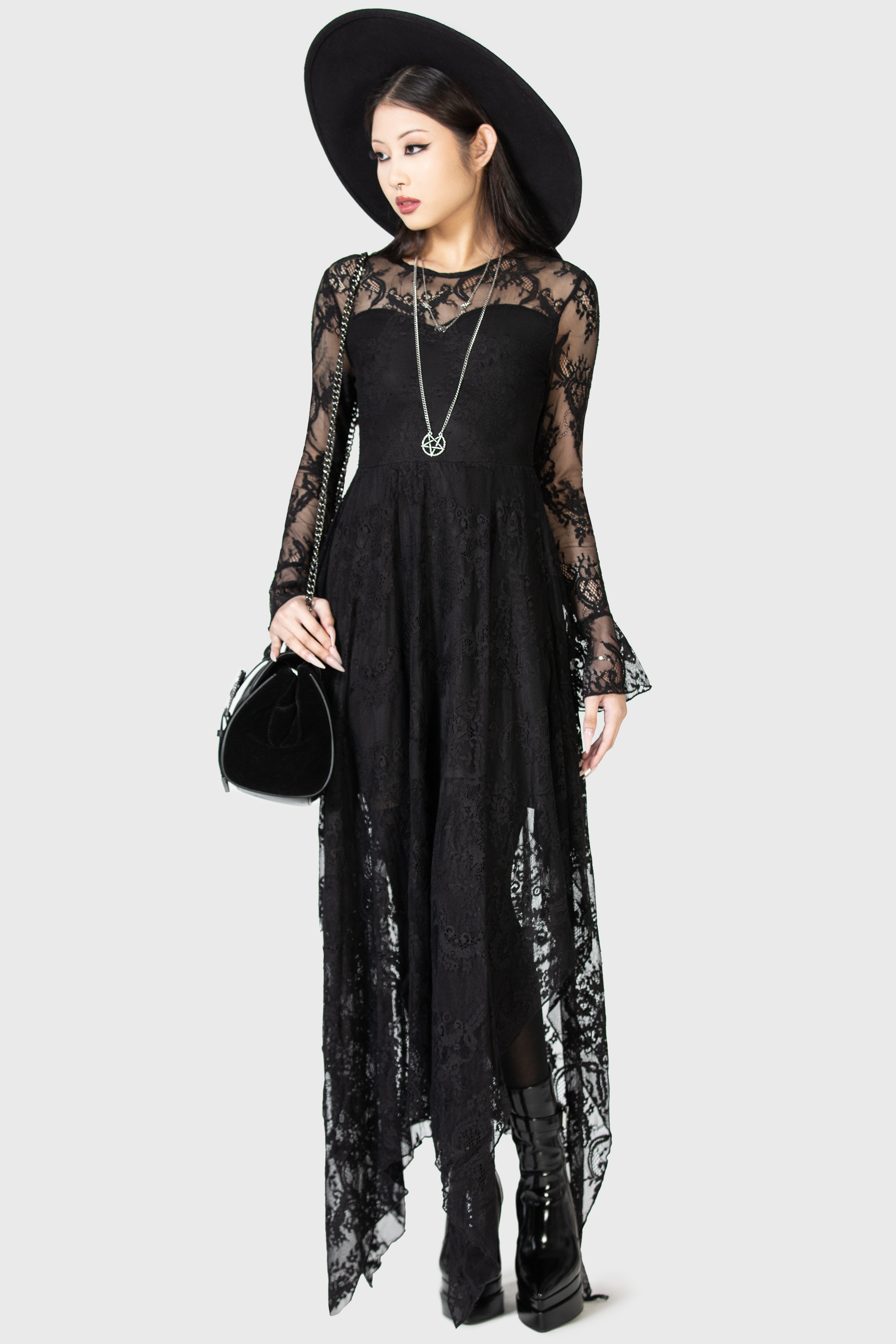 Killstar Shadow Figure Black Lace Maxi Dress with Poet Sleeves