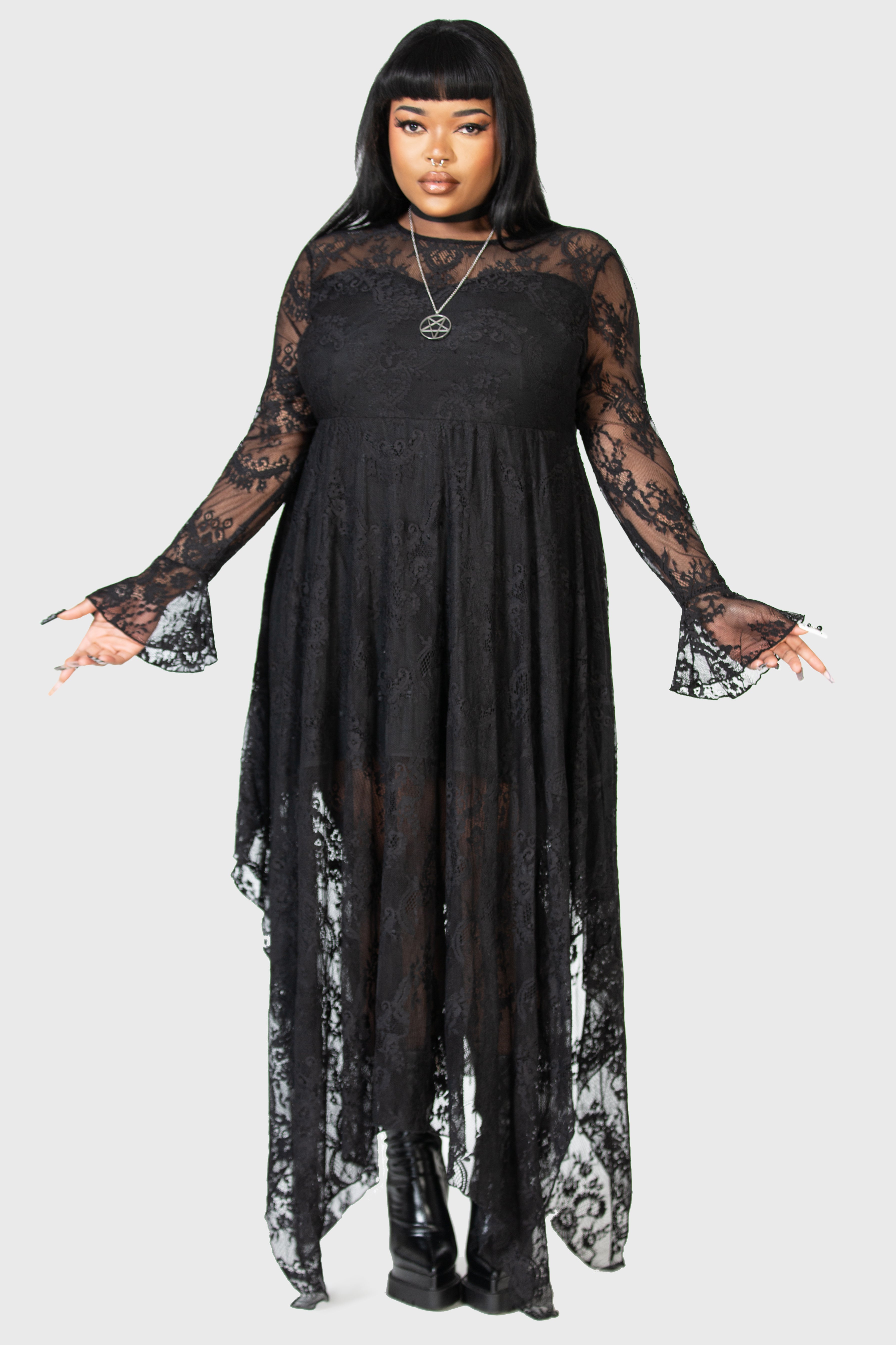 Killstar Shadow Figure Black Lace Maxi Dress with Poet Sleeves