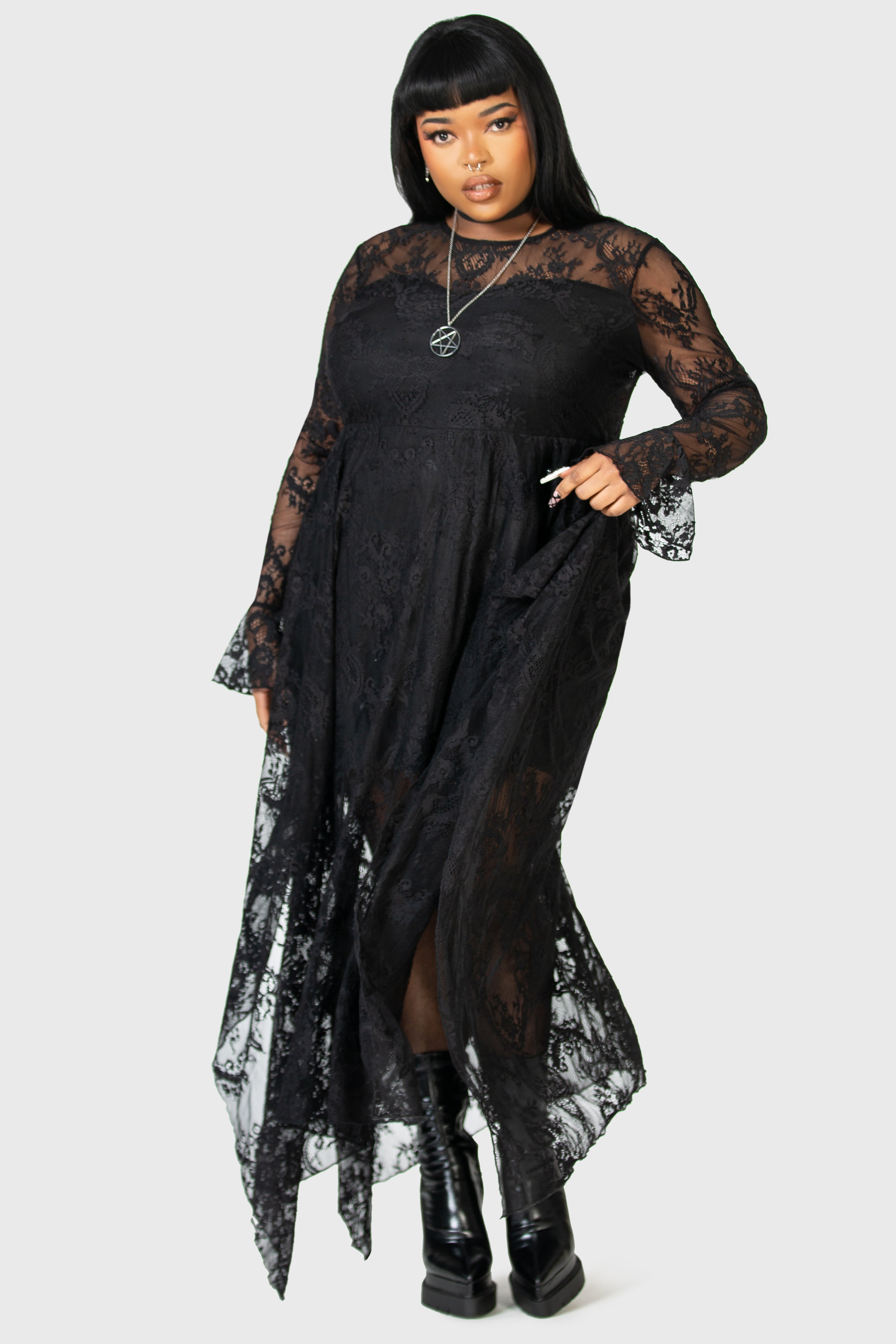 Killstar Shadow Figure Black Lace Maxi Dress with Poet Sleeves