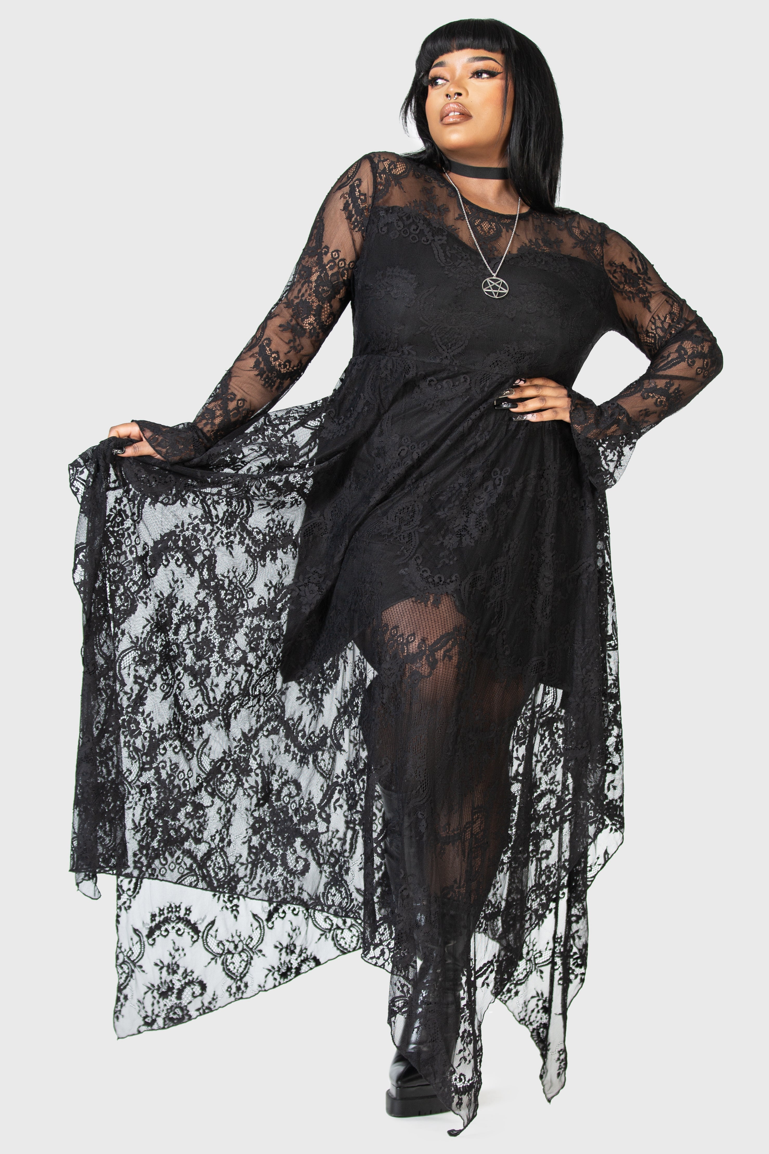 Killstar Shadow Figure Black Lace Maxi Dress with Poet Sleeves