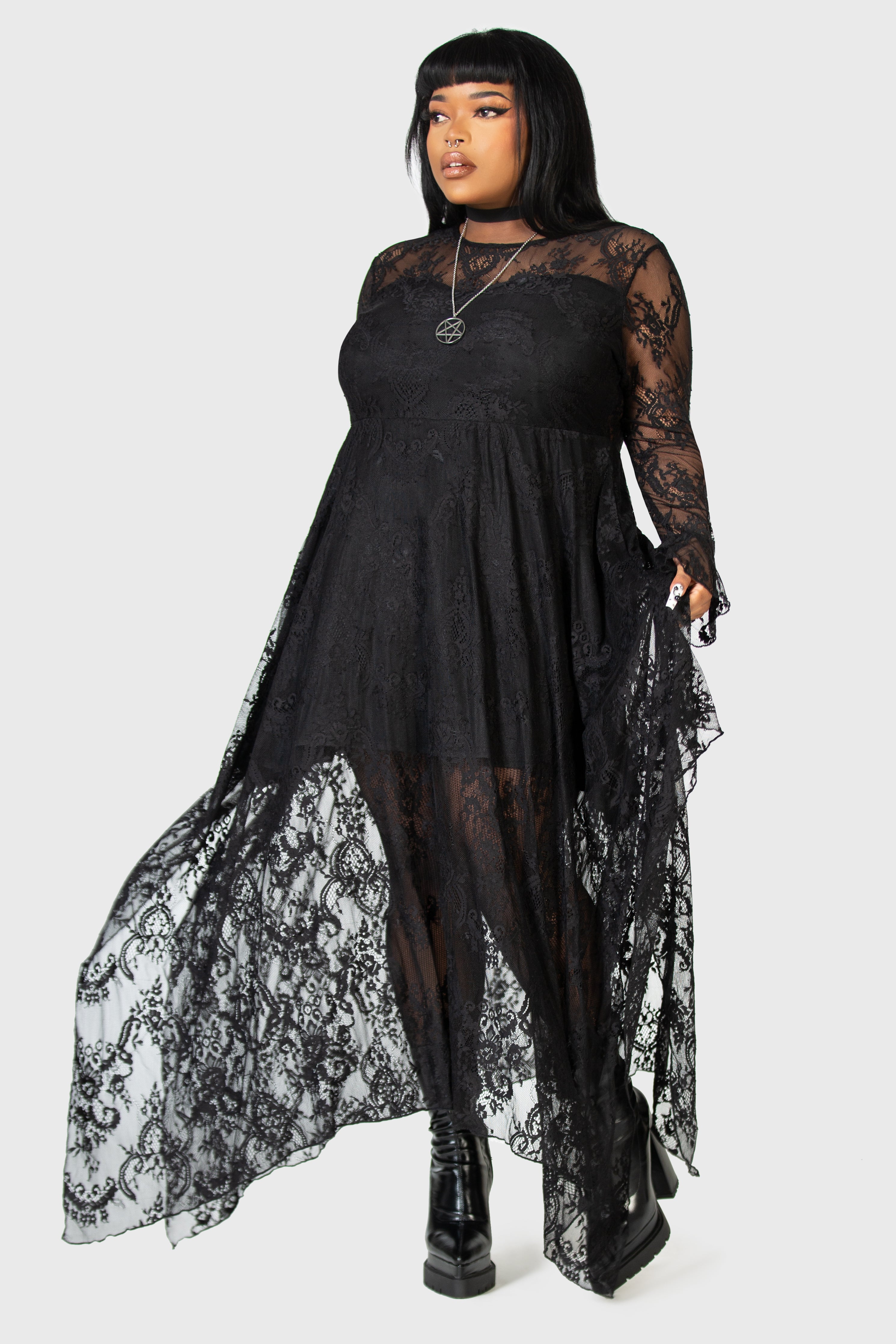 Killstar Shadow Figure Black Lace Maxi Dress with Poet Sleeves