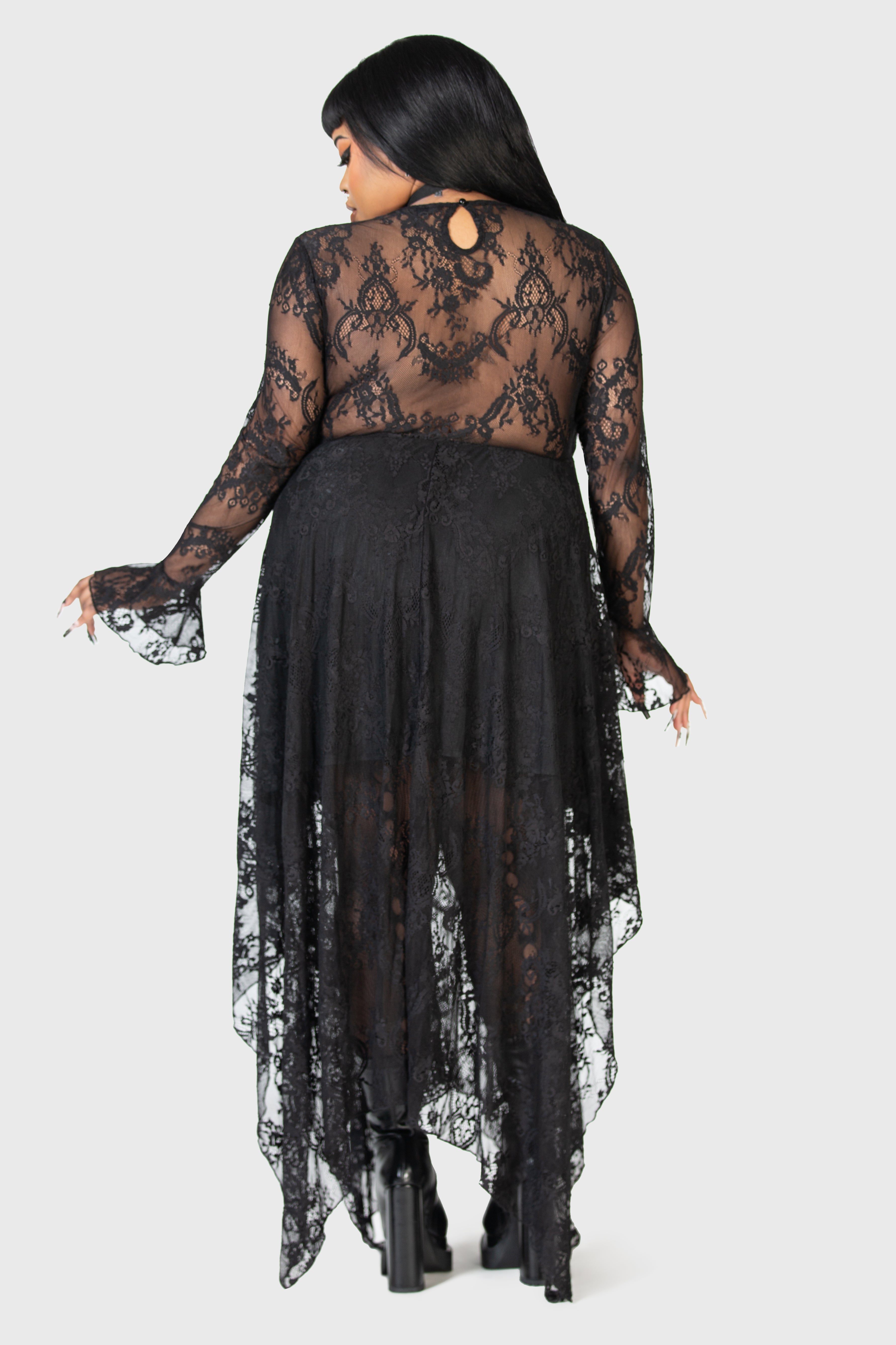Killstar Shadow Figure Black Lace Maxi Dress with Poet Sleeves