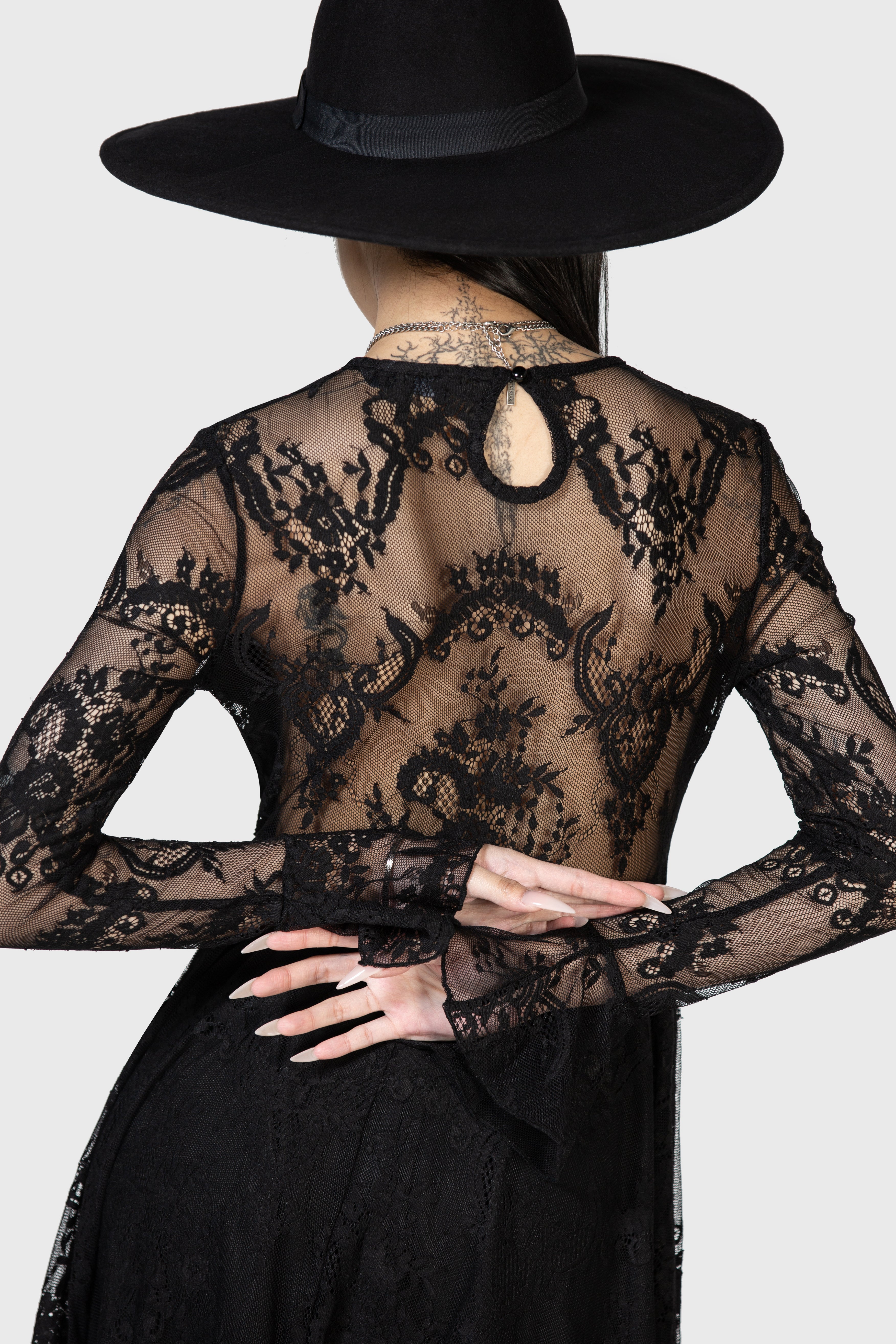 Killstar Shadow Figure Black Lace Maxi Dress with Poet Sleeves
