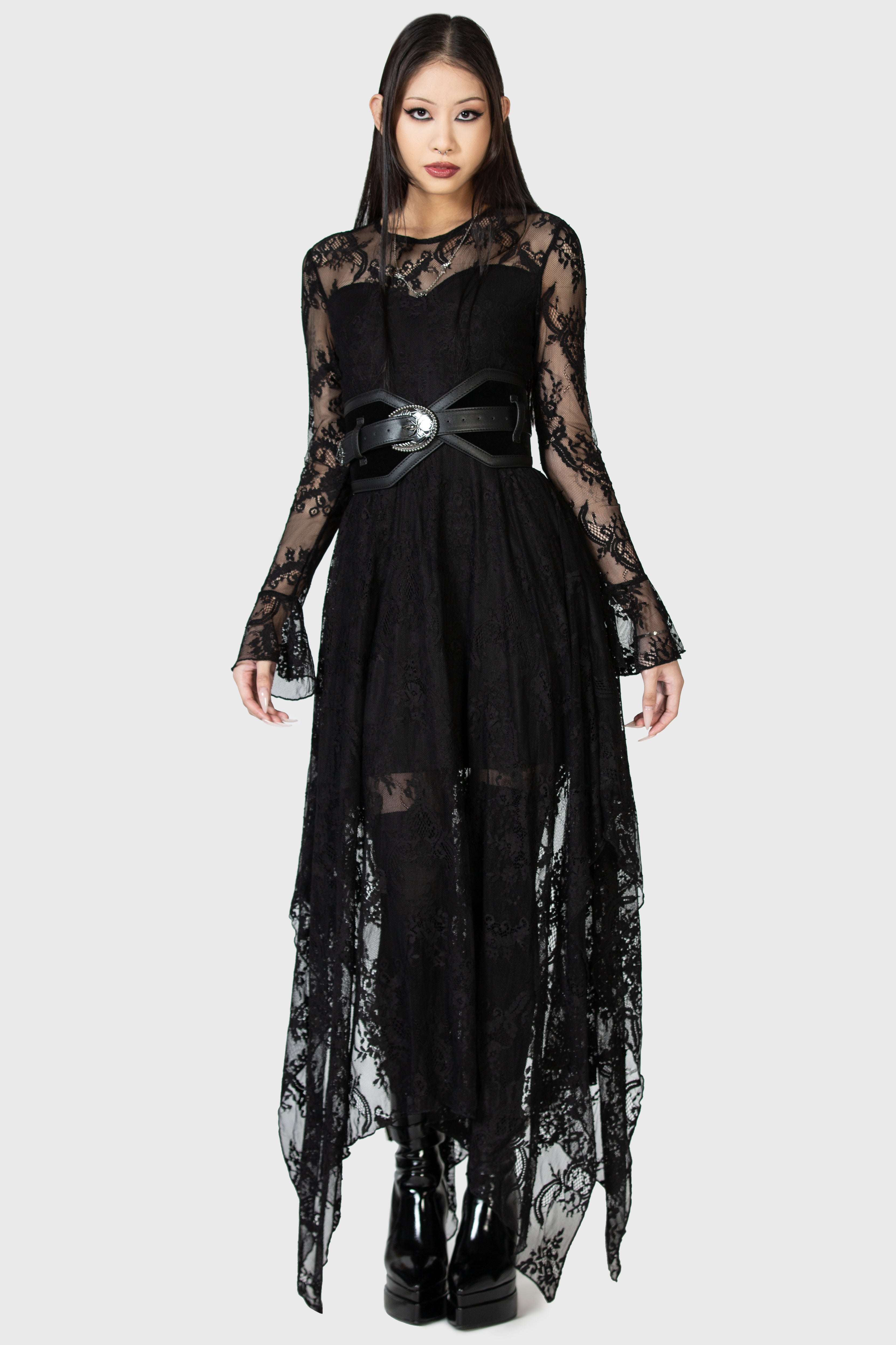 Killstar Shadow Figure Black Lace Maxi Dress with Poet Sleeves