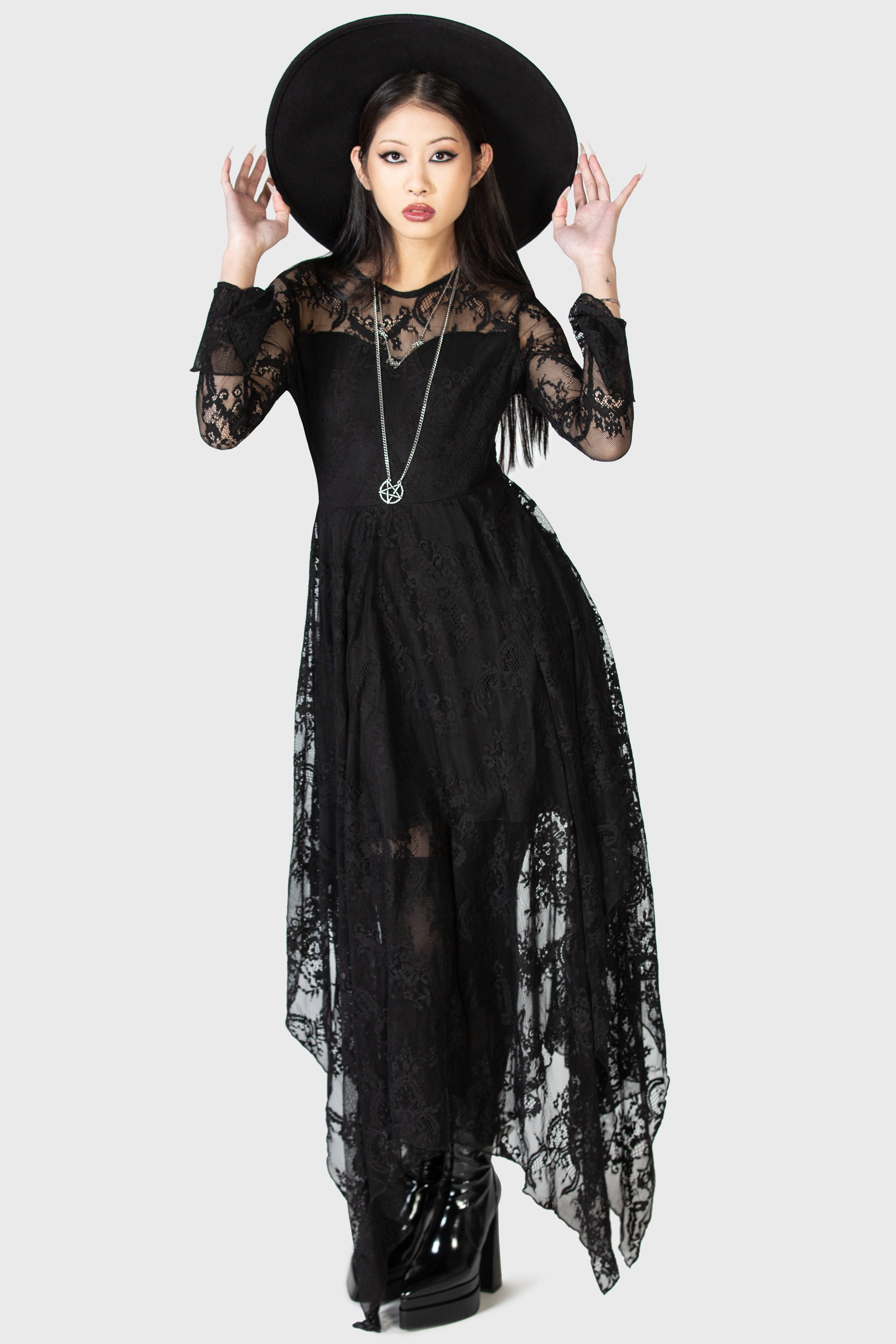 Killstar Shadow Figure Black Lace Maxi Dress with Poet Sleeves