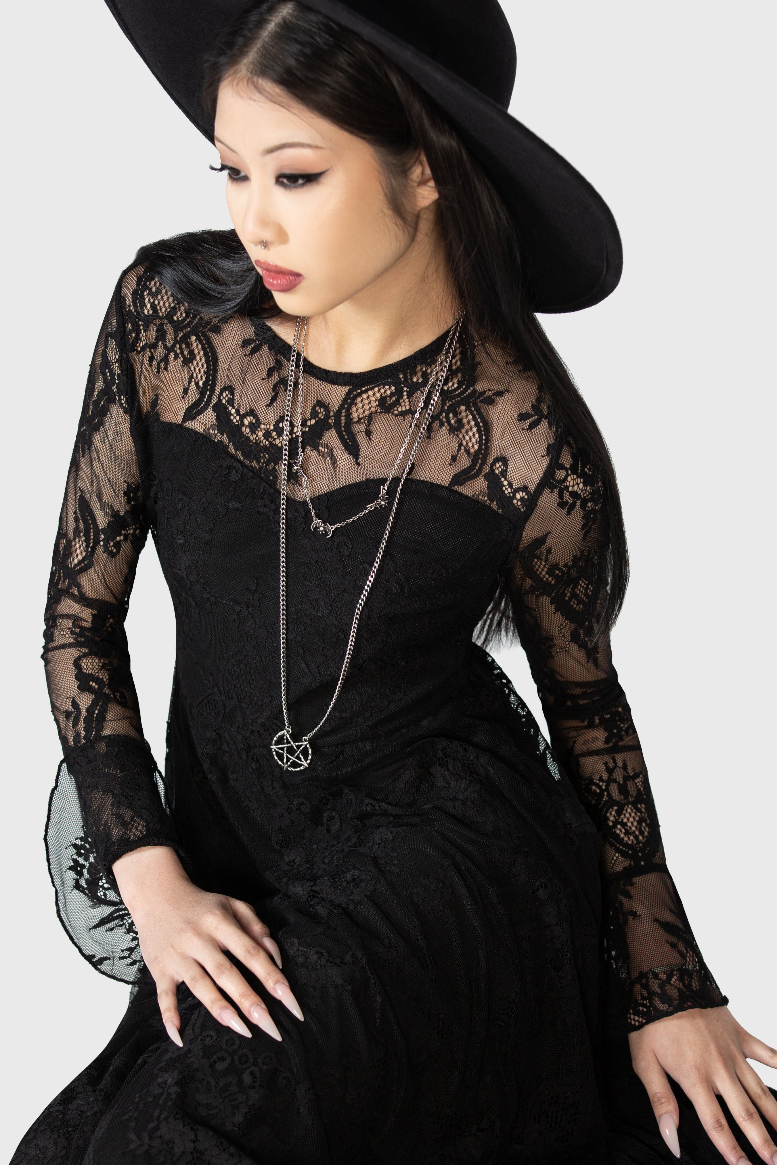 Killstar Shadow Figure Black Lace Maxi Dress with Poet Sleeves