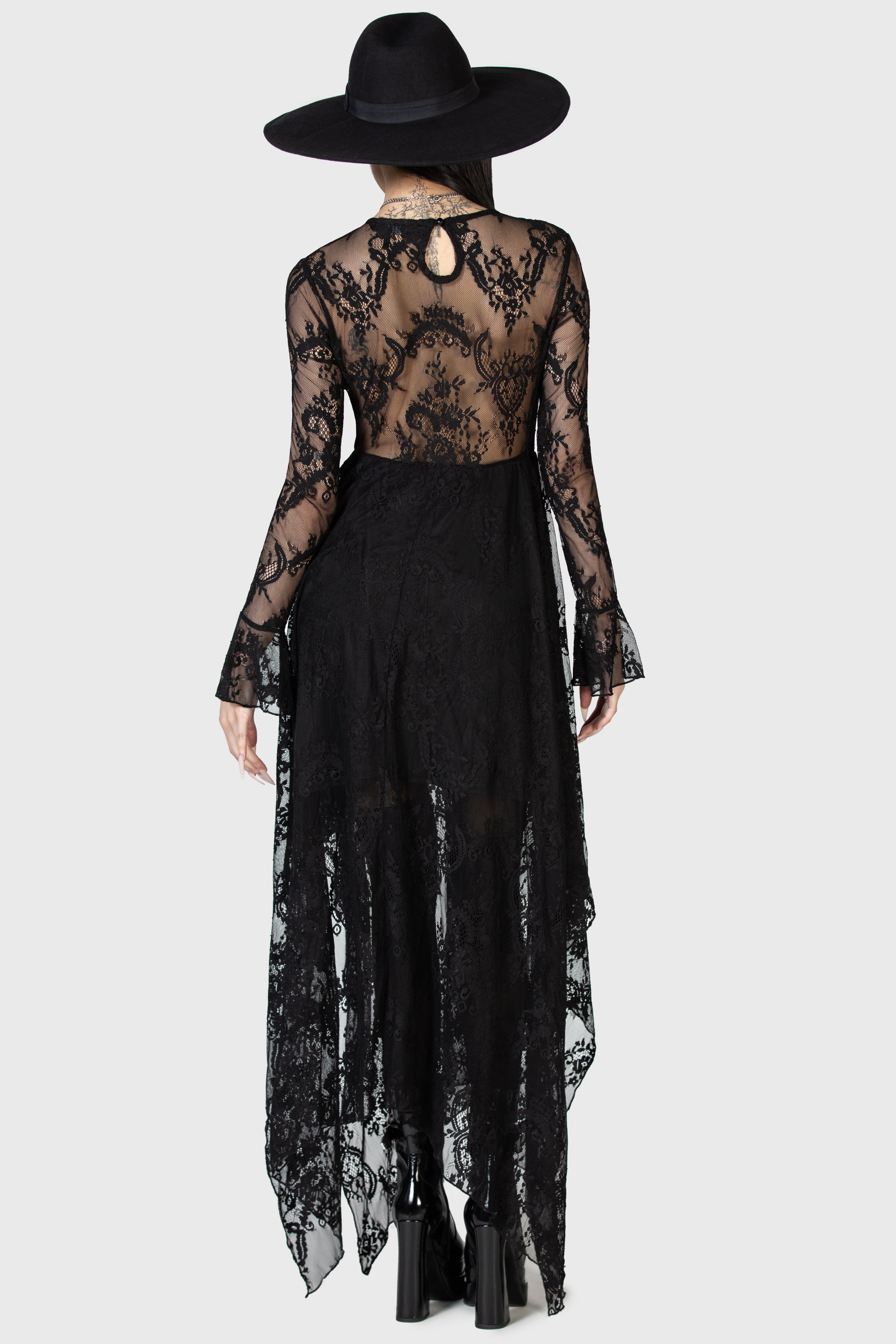 Killstar Shadow Figure Black Lace Maxi Dress with Poet Sleeves