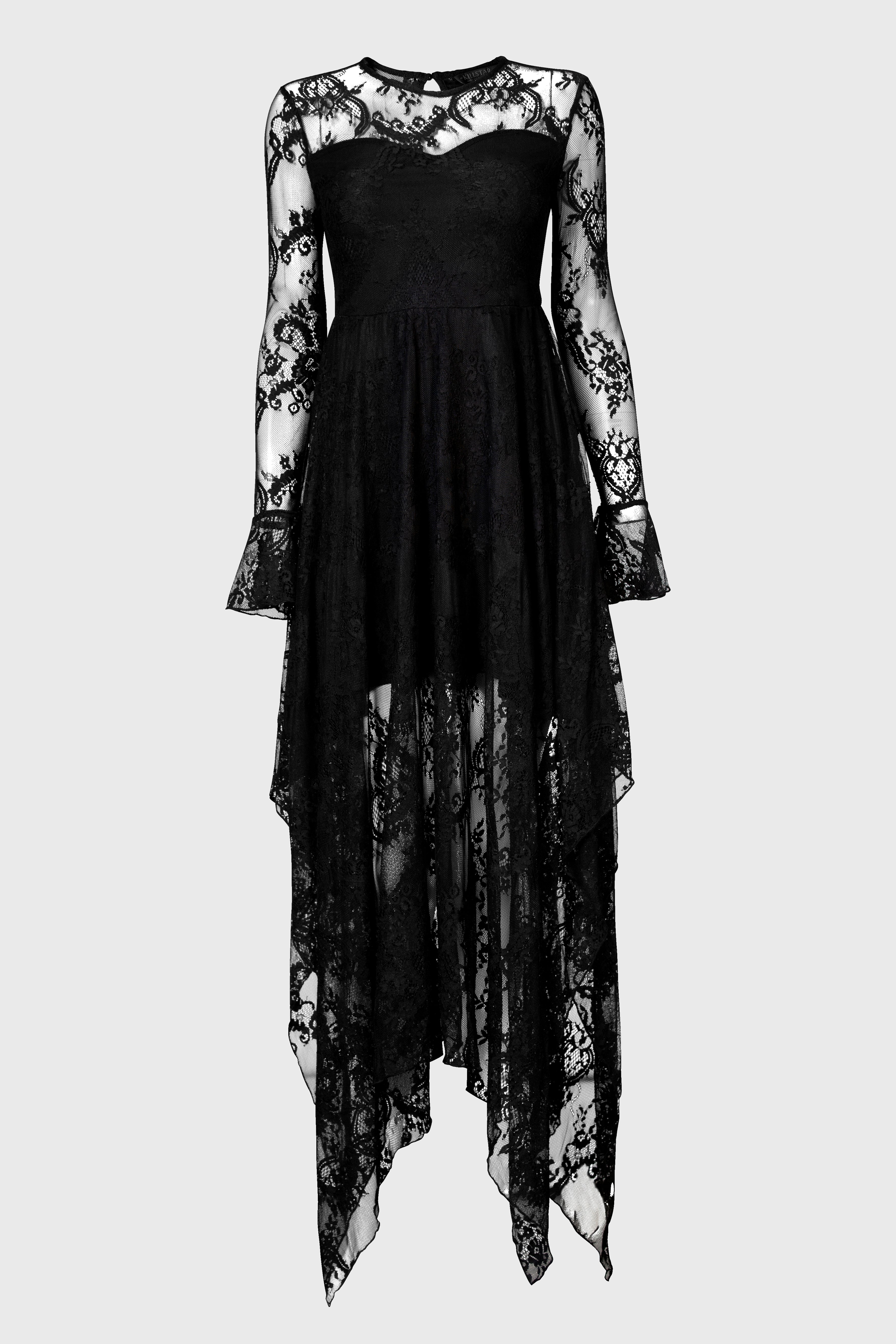 Killstar Shadow Figure Black Lace Maxi Dress with Poet Sleeves