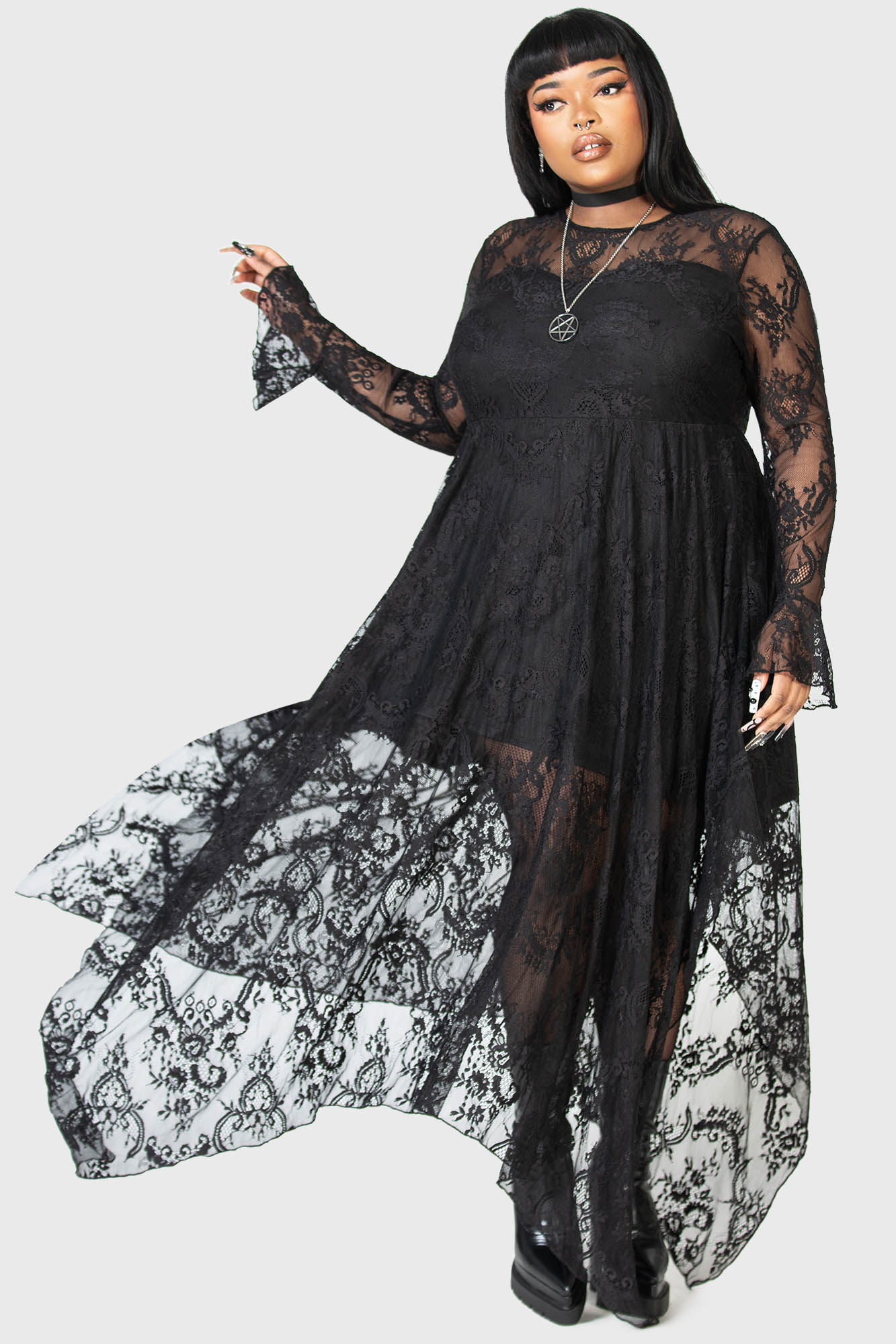 Killstar Shadow Figure Black Lace Maxi Dress with Poet Sleeves