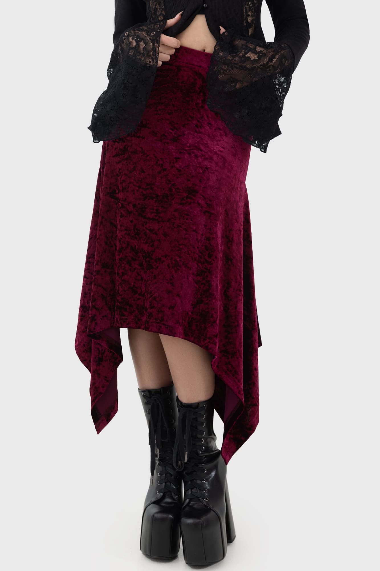 Killstar Tinted Sorrow Velvet Midi Skirt with Side Dip Hem