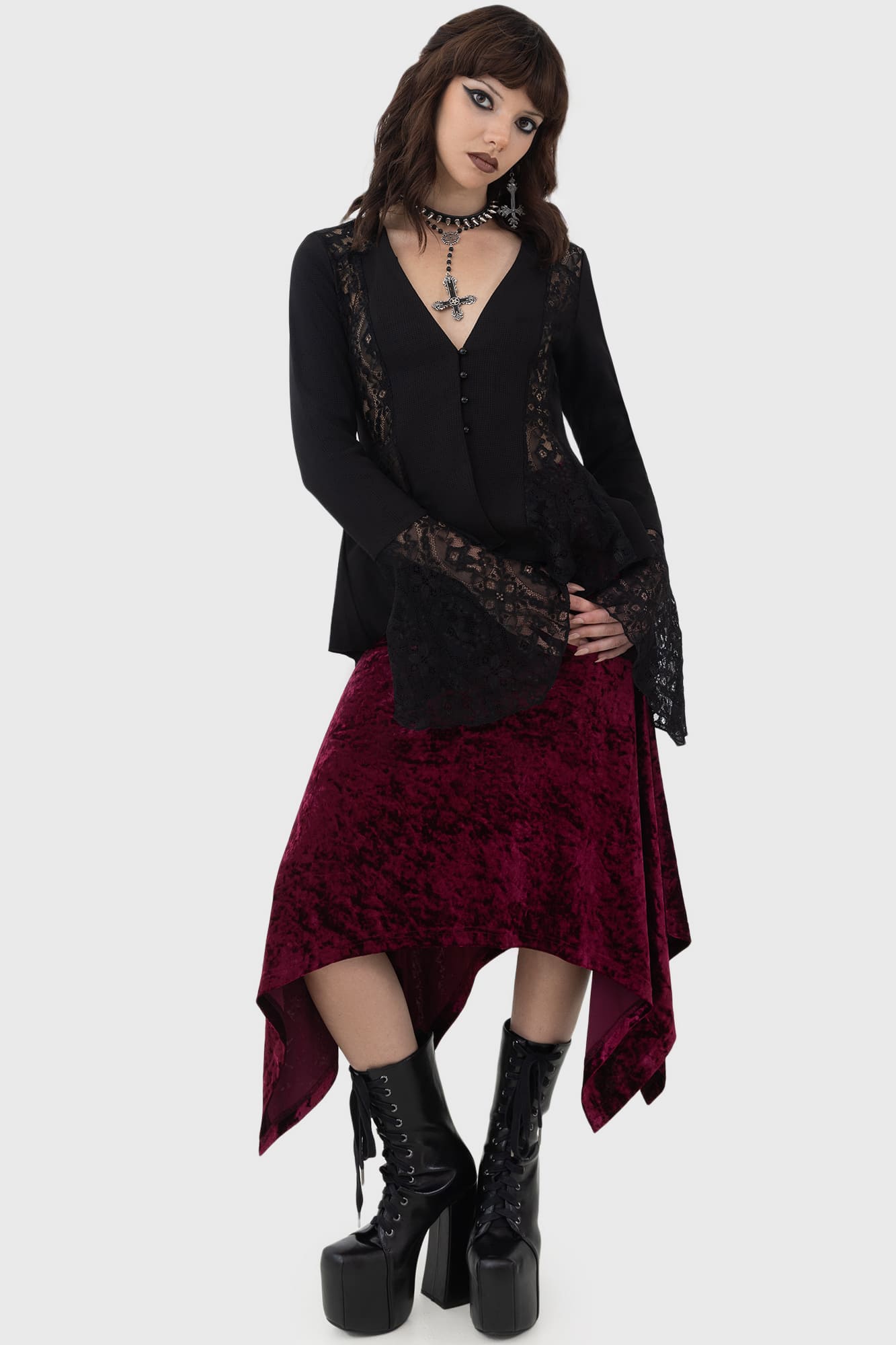 Killstar Tinted Sorrow Velvet Midi Skirt with Side Dip Hem