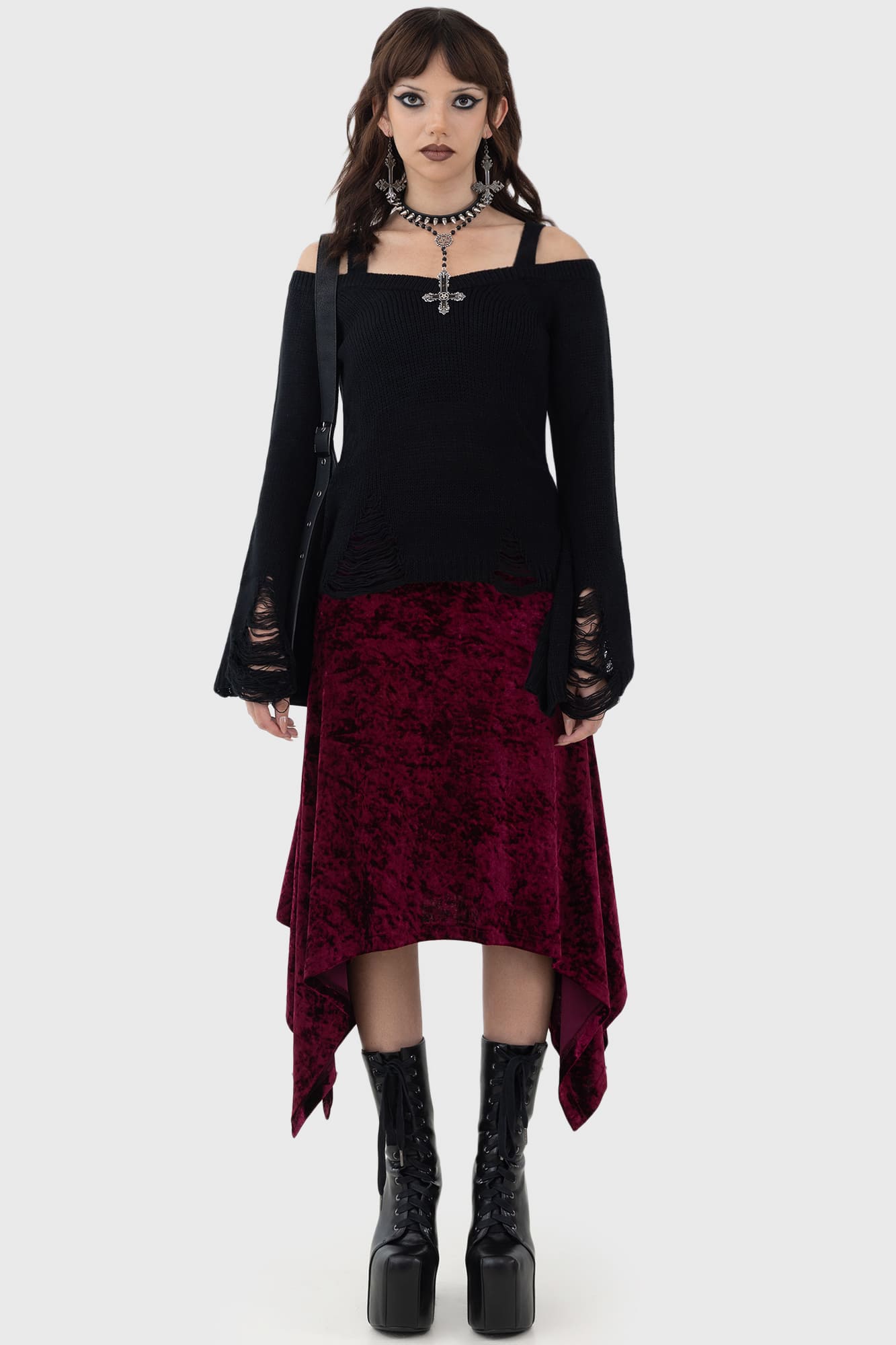 Killstar Tinted Sorrow Velvet Midi Skirt with Side Dip Hem