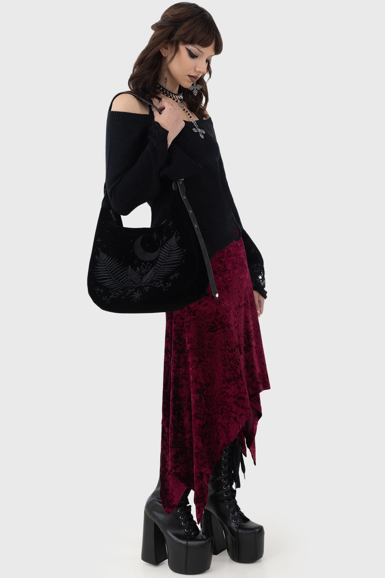 Killstar Tinted Sorrow Velvet Midi Skirt with Side Dip Hem