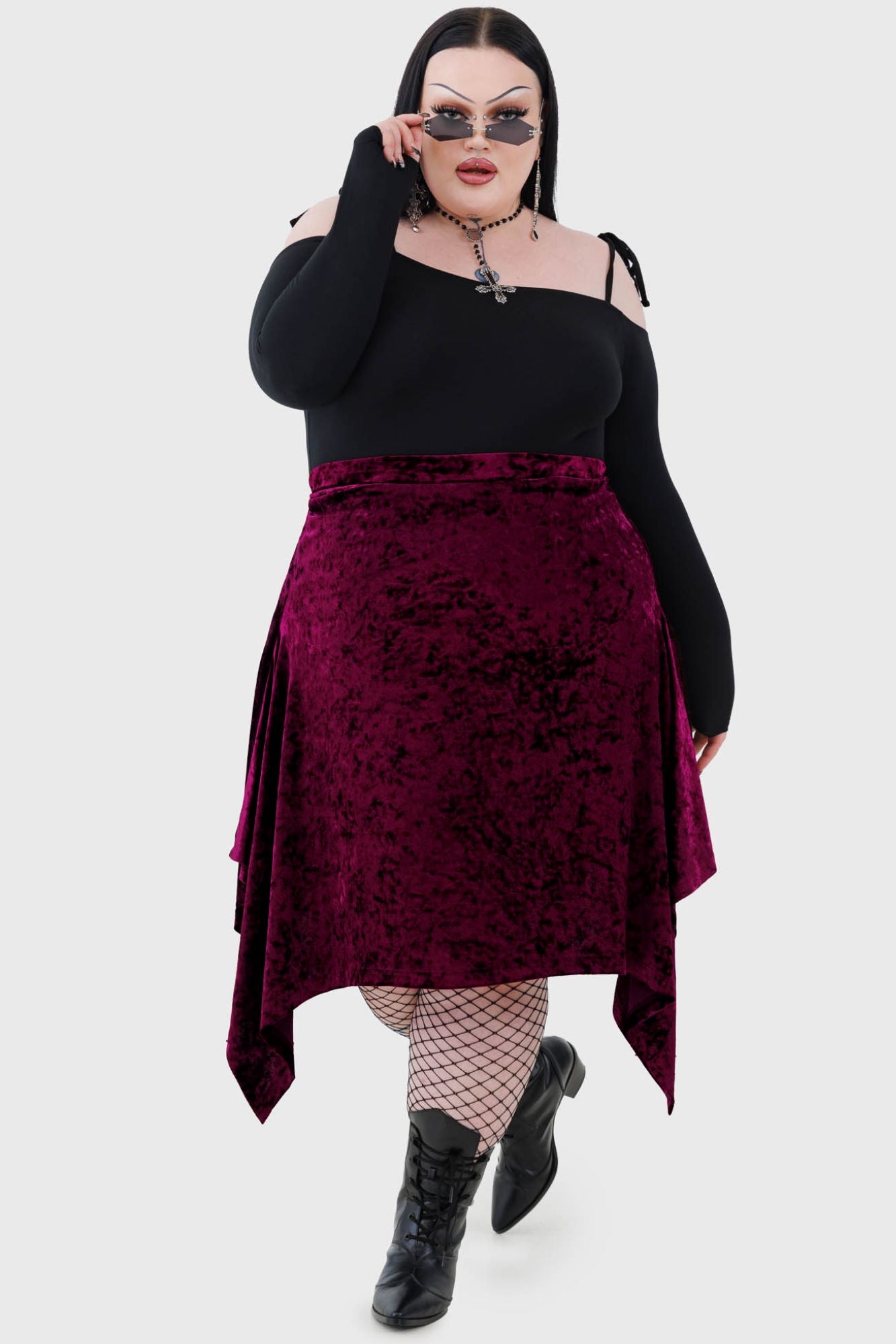 Killstar Tinted Sorrow Velvet Midi Skirt with Side Dip Hem