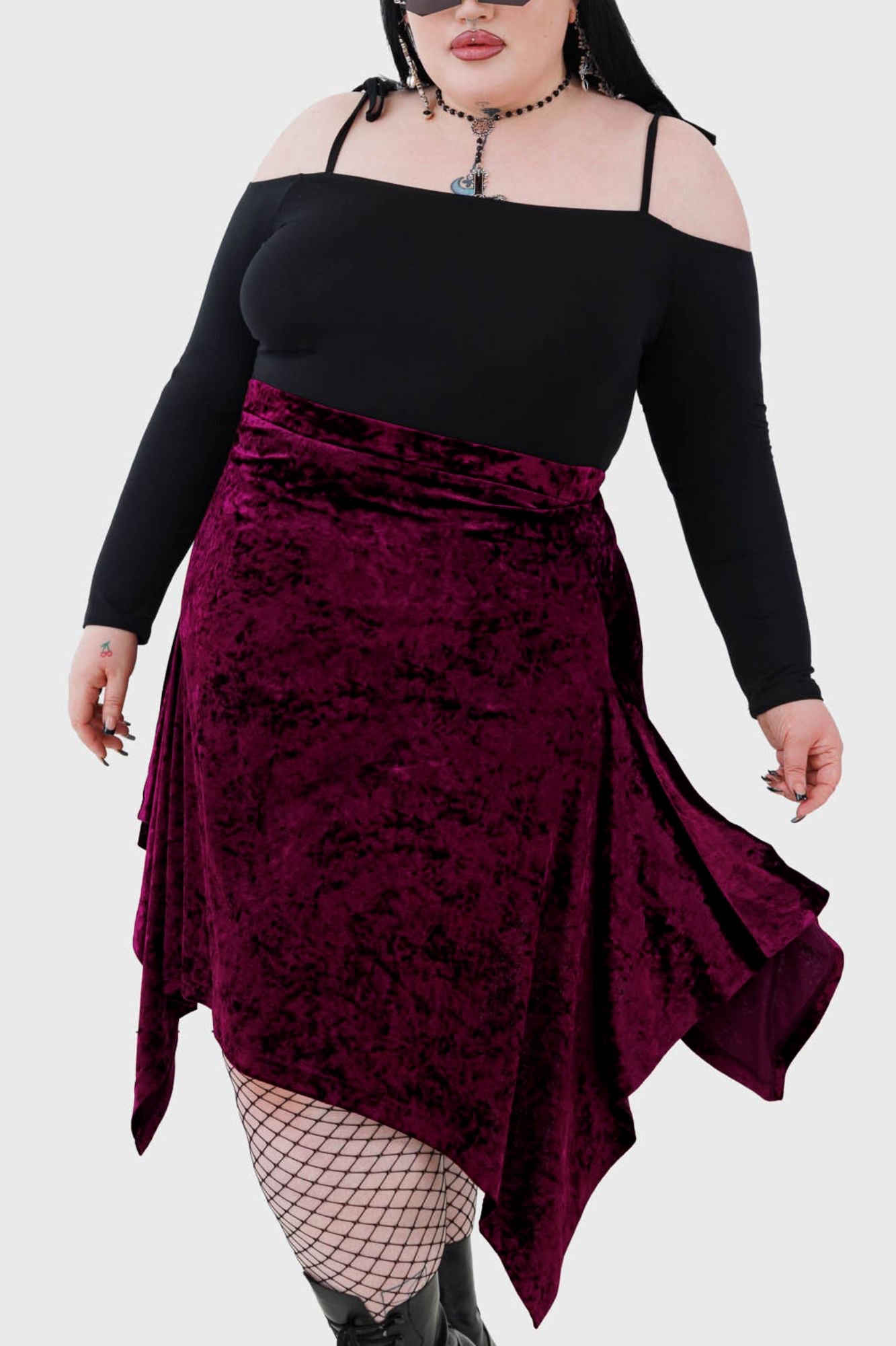 Killstar Tinted Sorrow Velvet Midi Skirt with Side Dip Hem