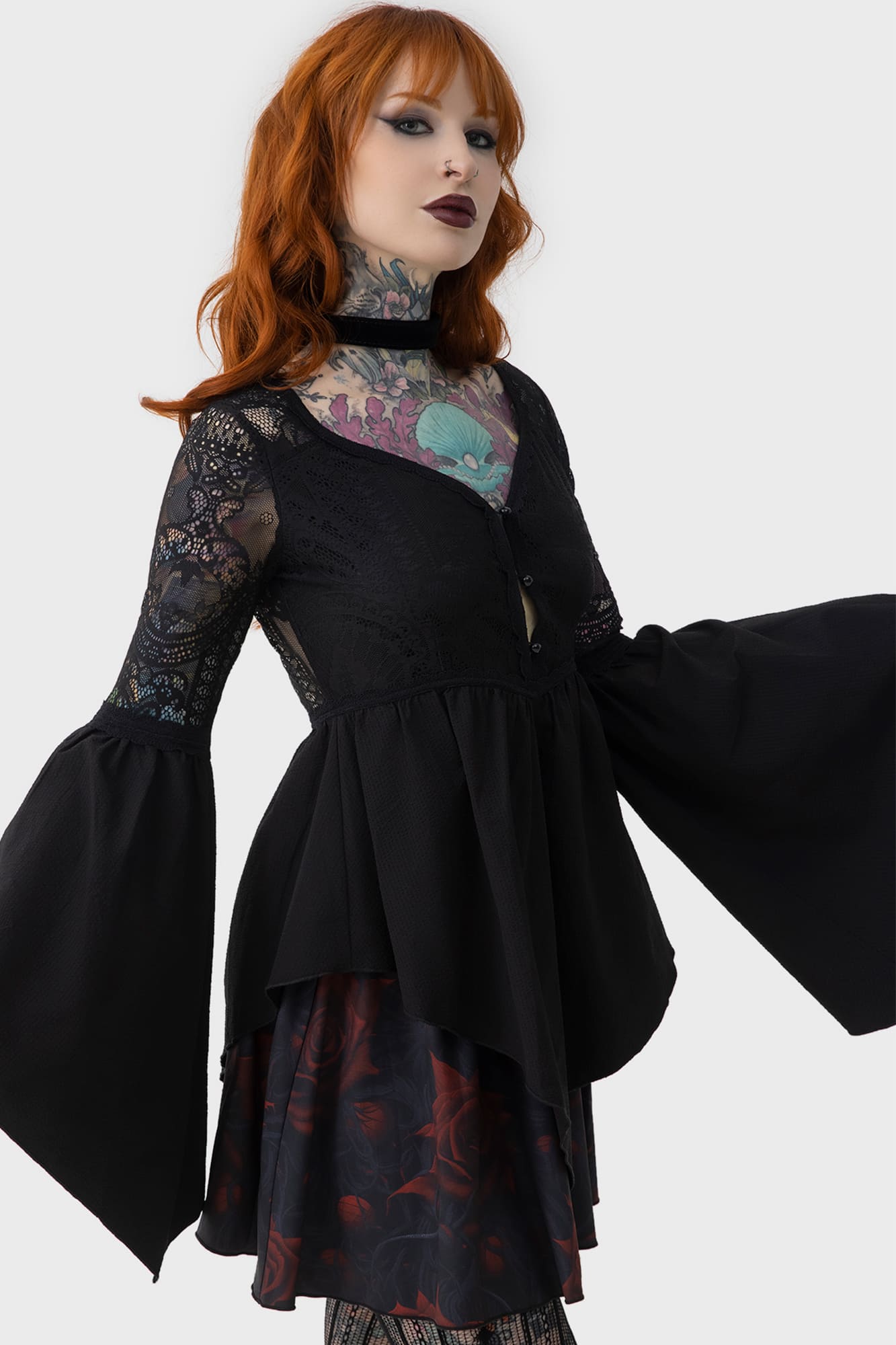 Killstar Sacred Coven Blouse with Lace Insert & Bell Sleeves
