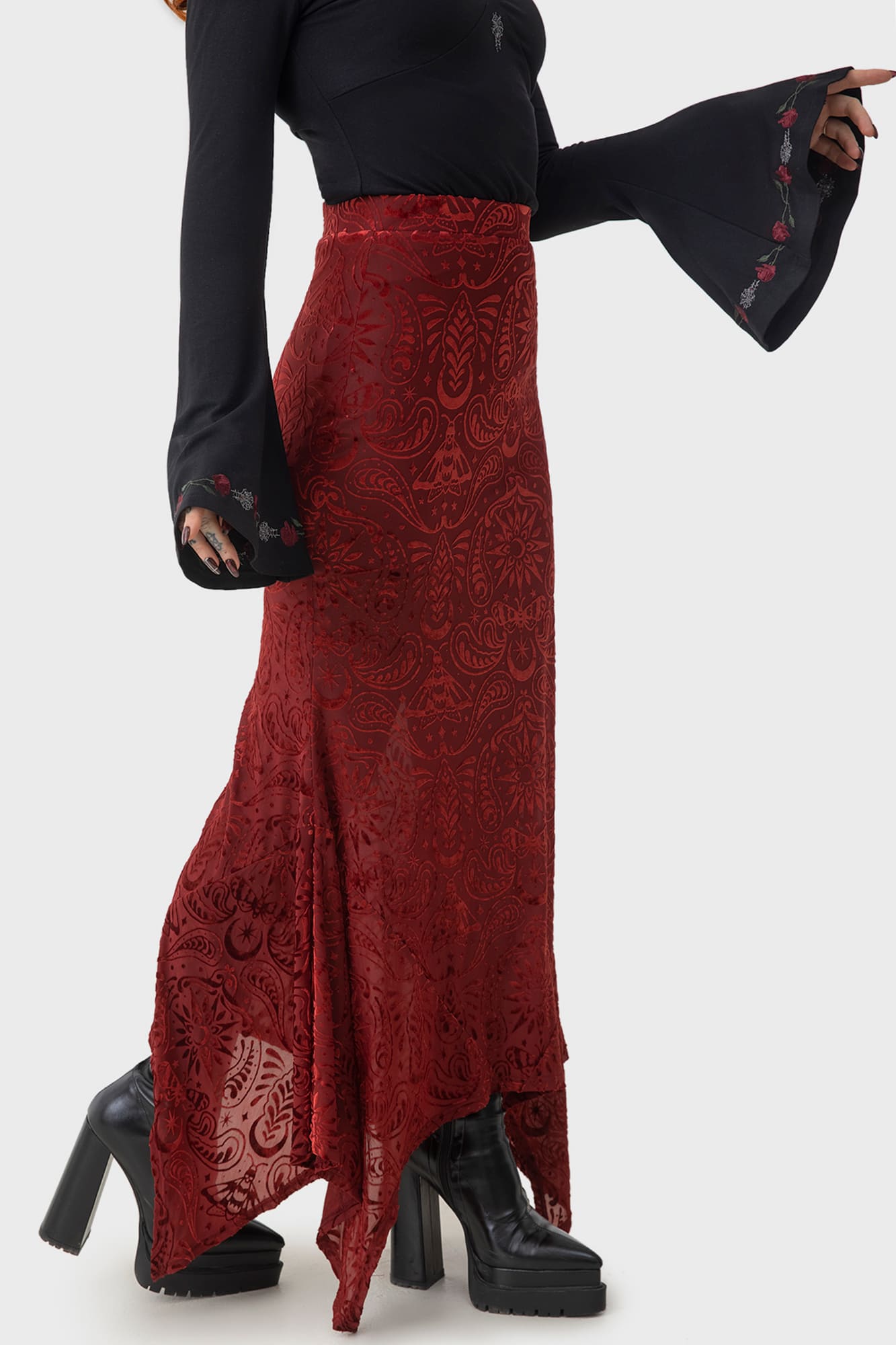Killstar Lepidoptera Velvet Maxi Skirt - Fitted Burnout Design