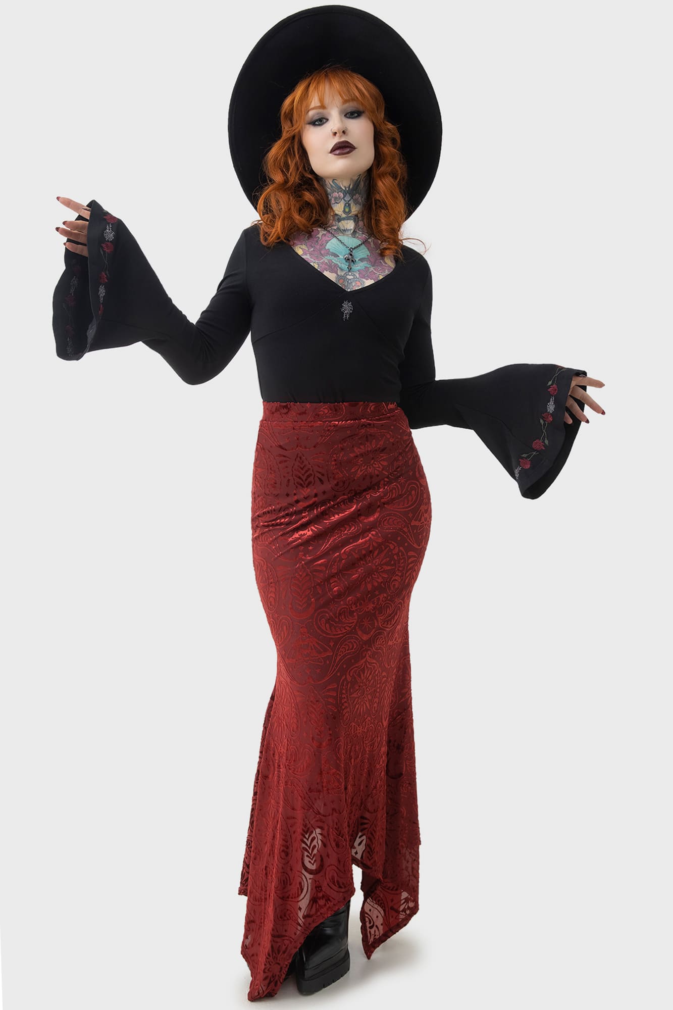 Killstar Lepidoptera Velvet Maxi Skirt - Fitted Burnout Design