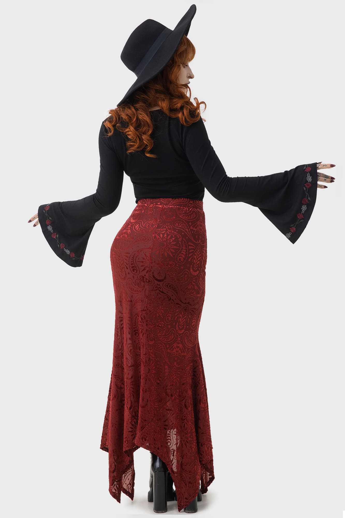 Killstar Lepidoptera Velvet Maxi Skirt - Fitted Burnout Design