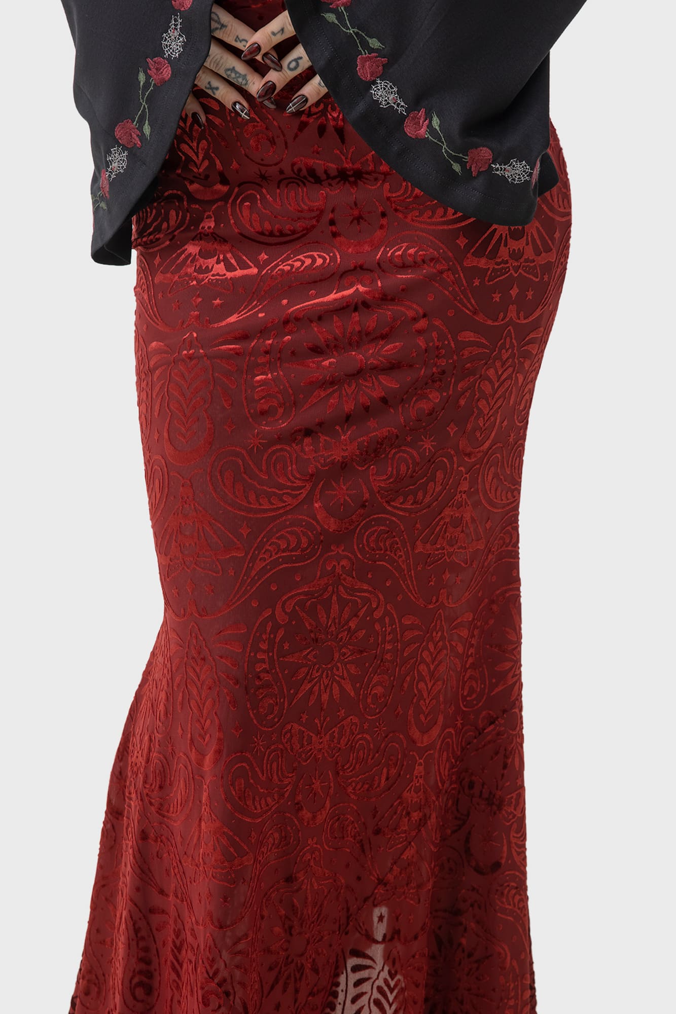 Killstar Lepidoptera Velvet Maxi Skirt - Fitted Burnout Design