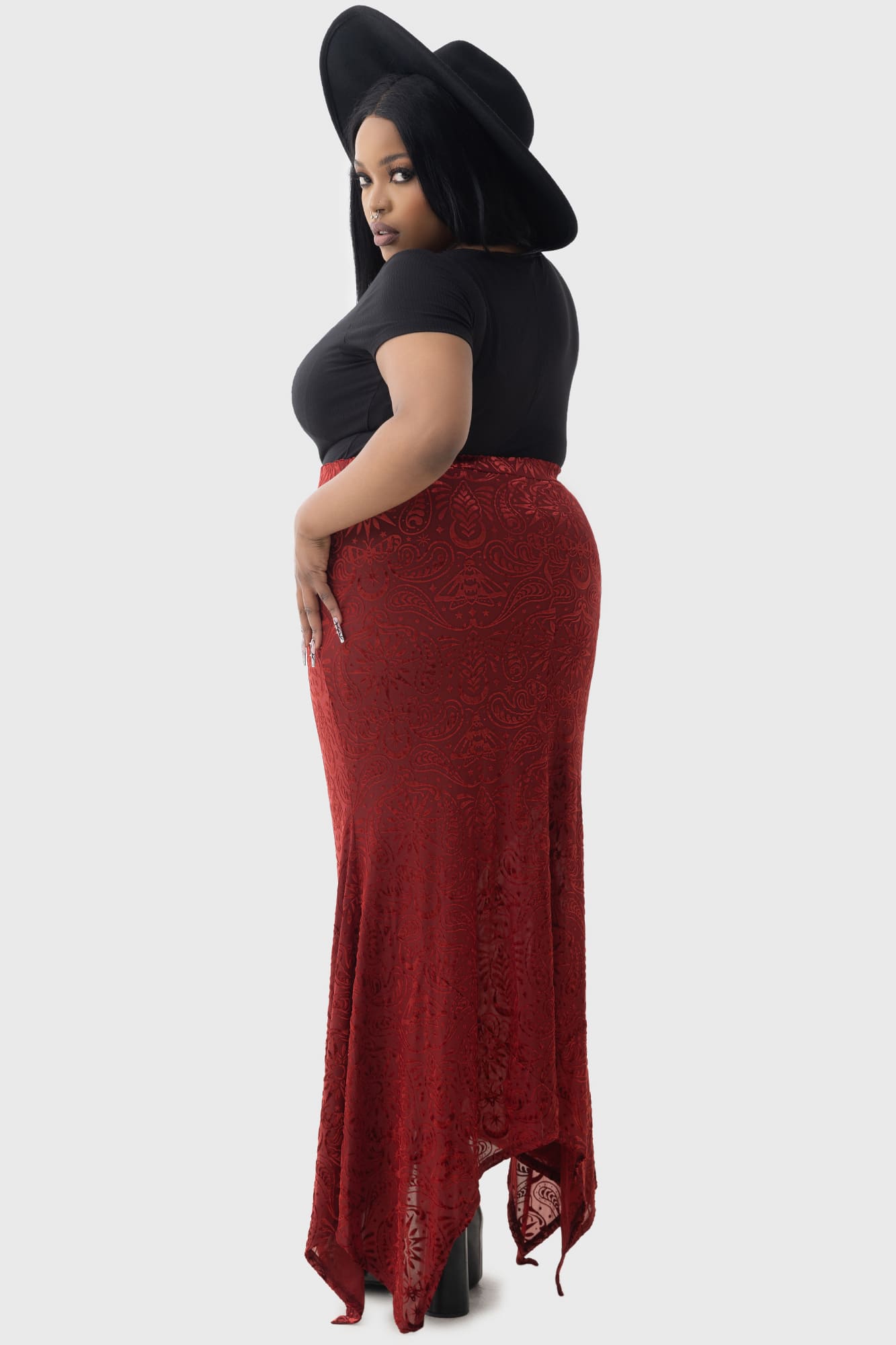 Killstar Lepidoptera Velvet Maxi Skirt - Fitted Burnout Design
