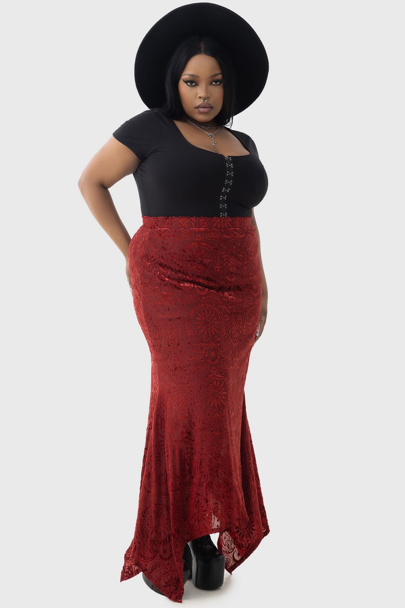 Killstar Lepidoptera Velvet Maxi Skirt - Fitted Burnout Design