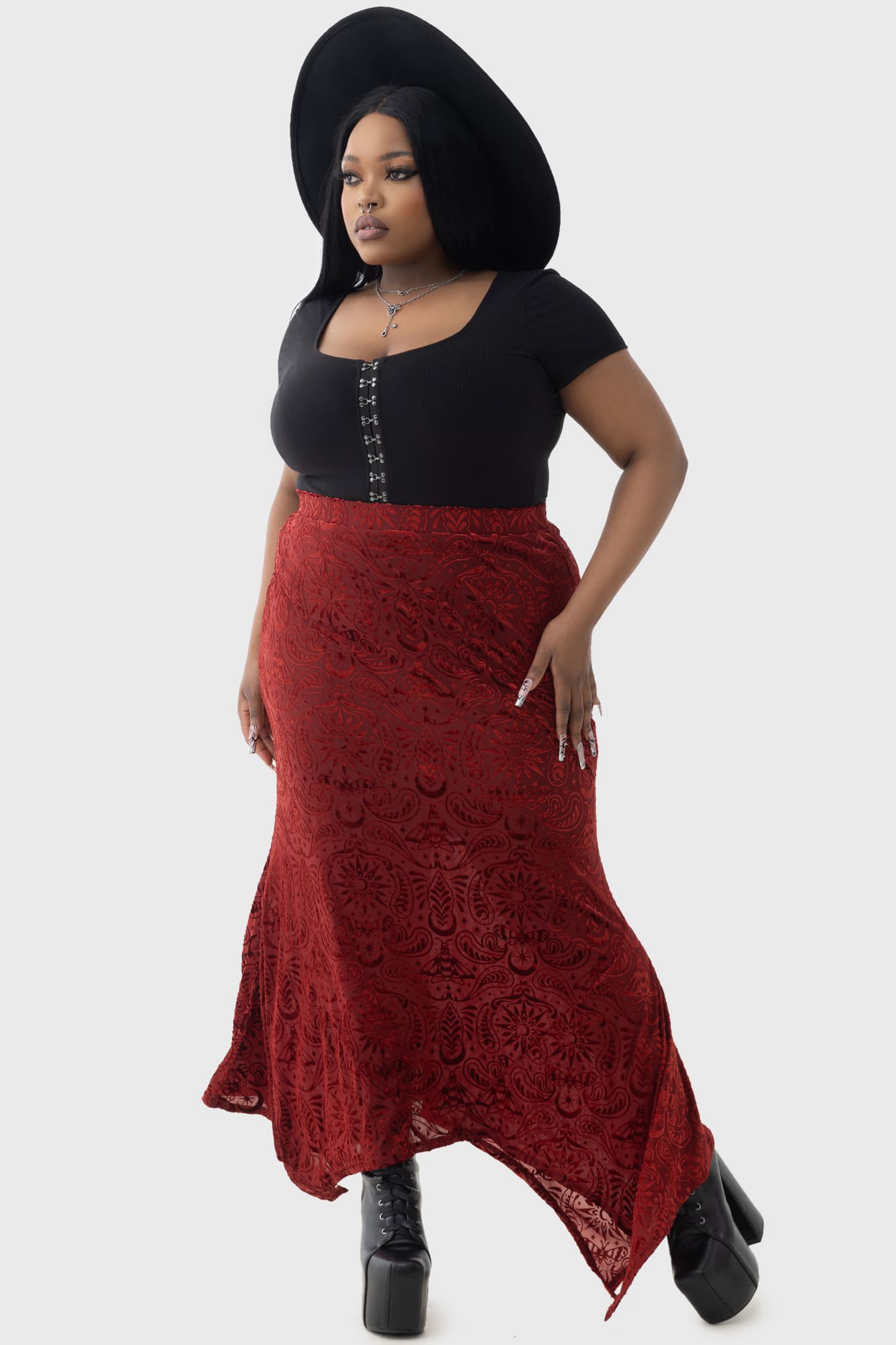 Killstar Lepidoptera Velvet Maxi Skirt - Fitted Burnout Design