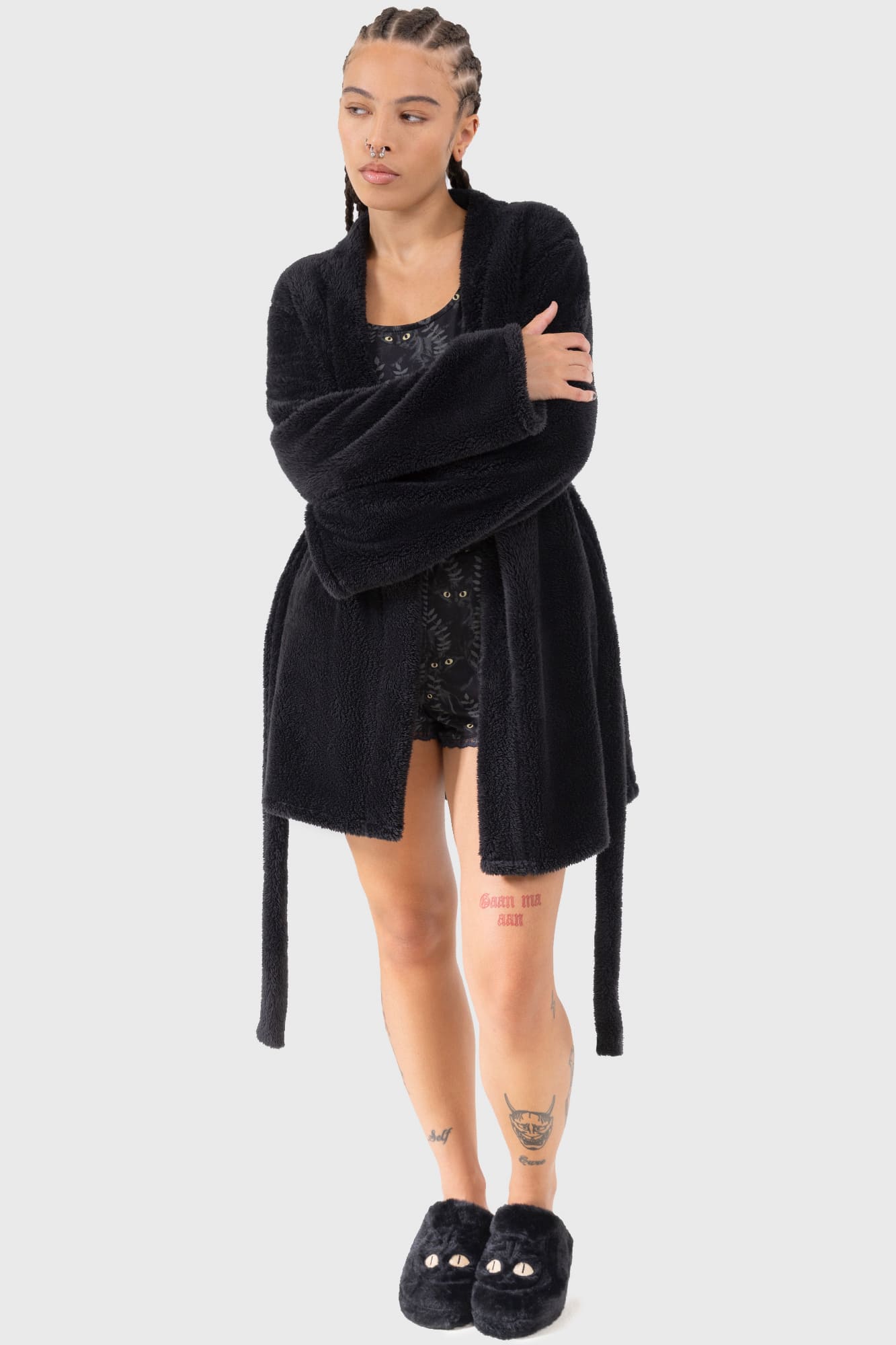Killstar Tenebrous Robe - Gothic Cat Embroidery Mini Dress with Pockets