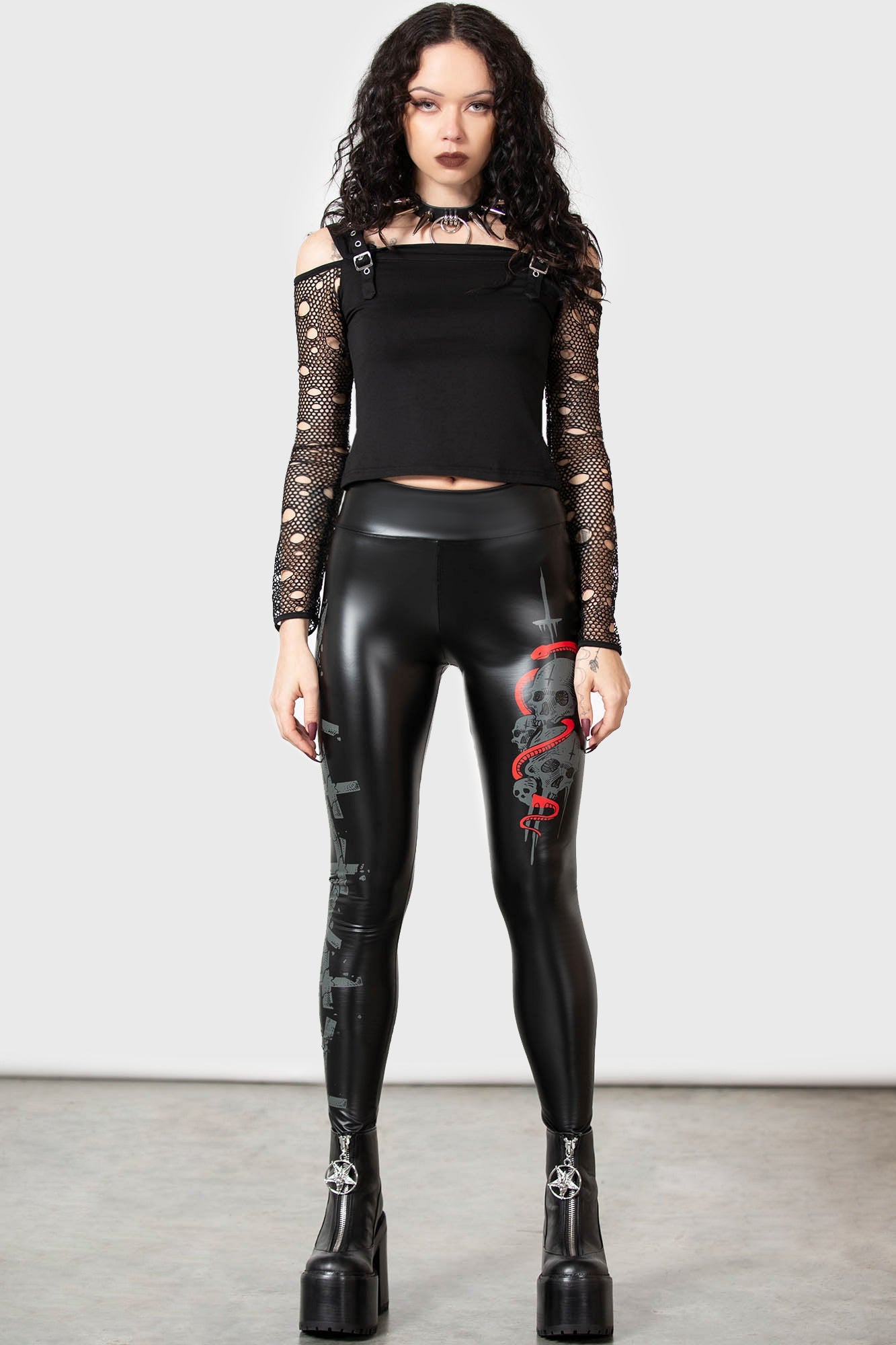 Killstar Sinner Faux Leather Leggings with Graphic Print