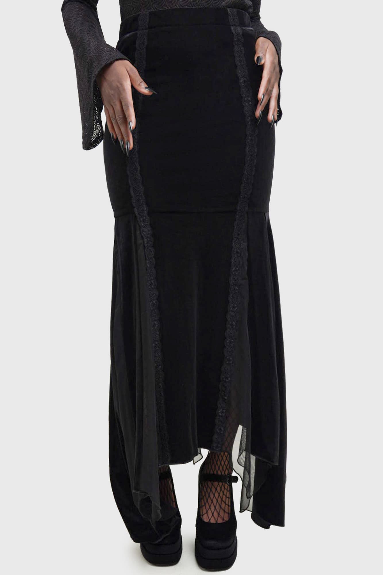Killstar Morose Velvet Maxi Skirt with Lace & Mesh