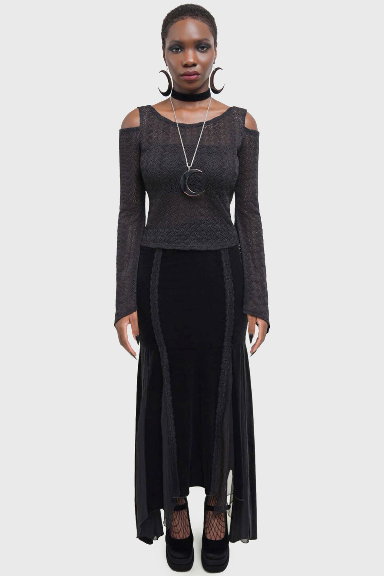 Killstar Morose Velvet Maxi Skirt with Lace & Mesh