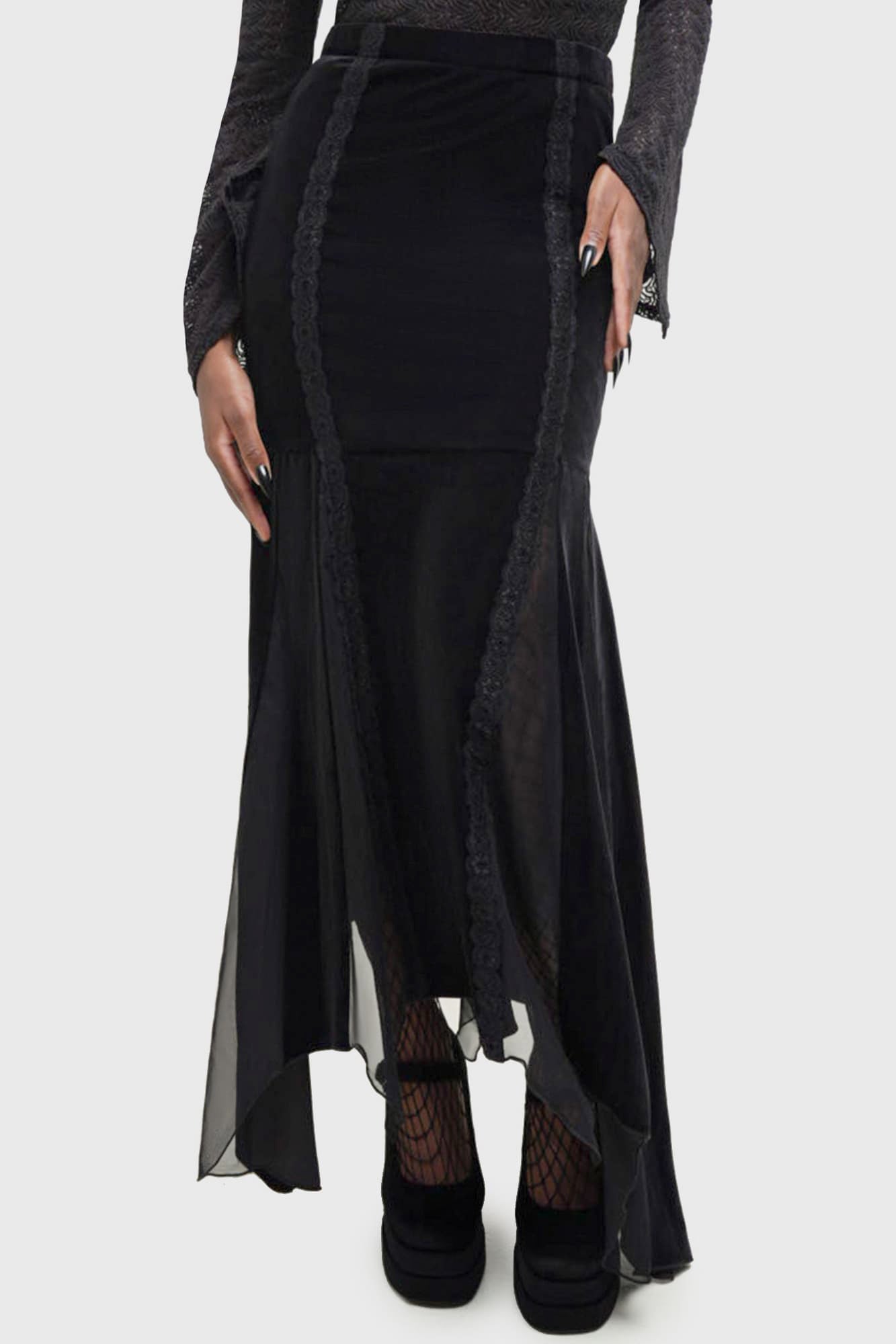 Killstar Morose Velvet Maxi Skirt with Lace & Mesh