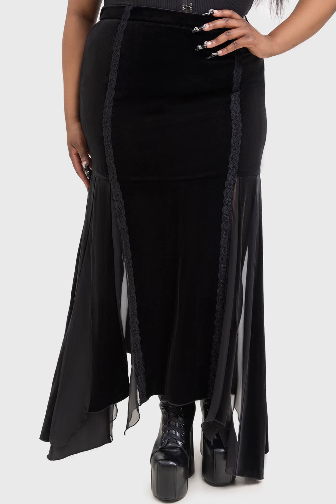 Killstar Morose Velvet Maxi Skirt with Lace & Mesh