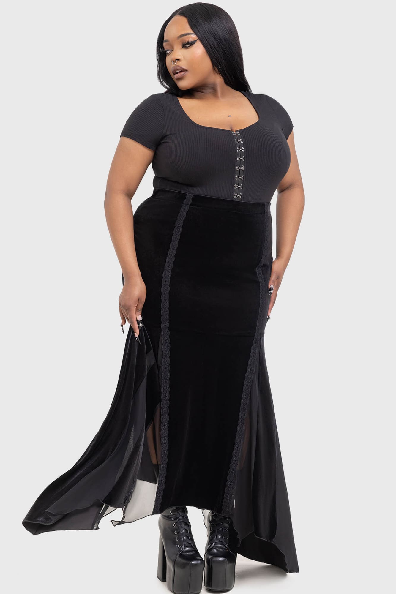 Killstar Morose Velvet Maxi Skirt with Lace & Mesh