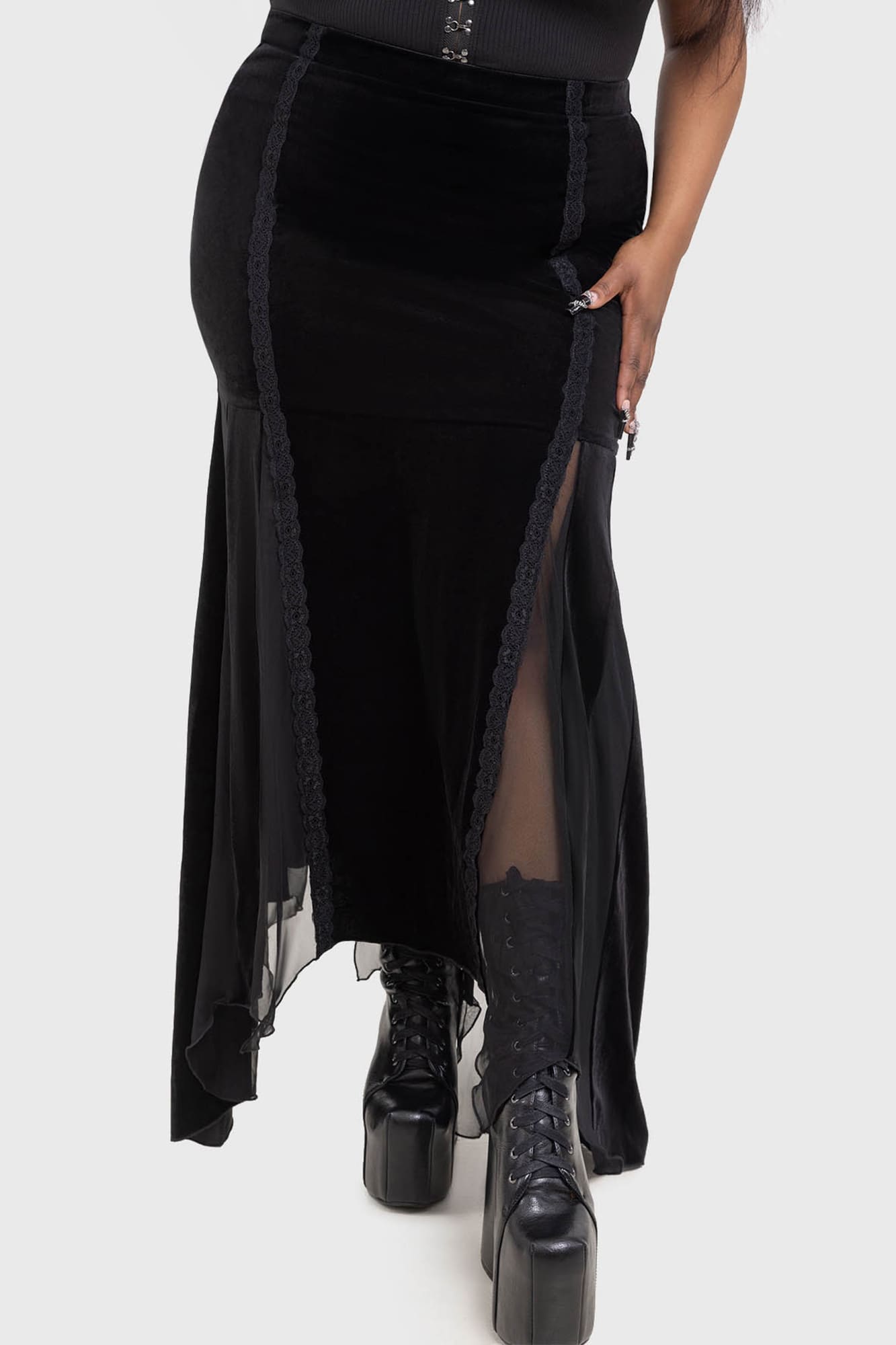 Killstar Morose Velvet Maxi Skirt with Lace & Mesh