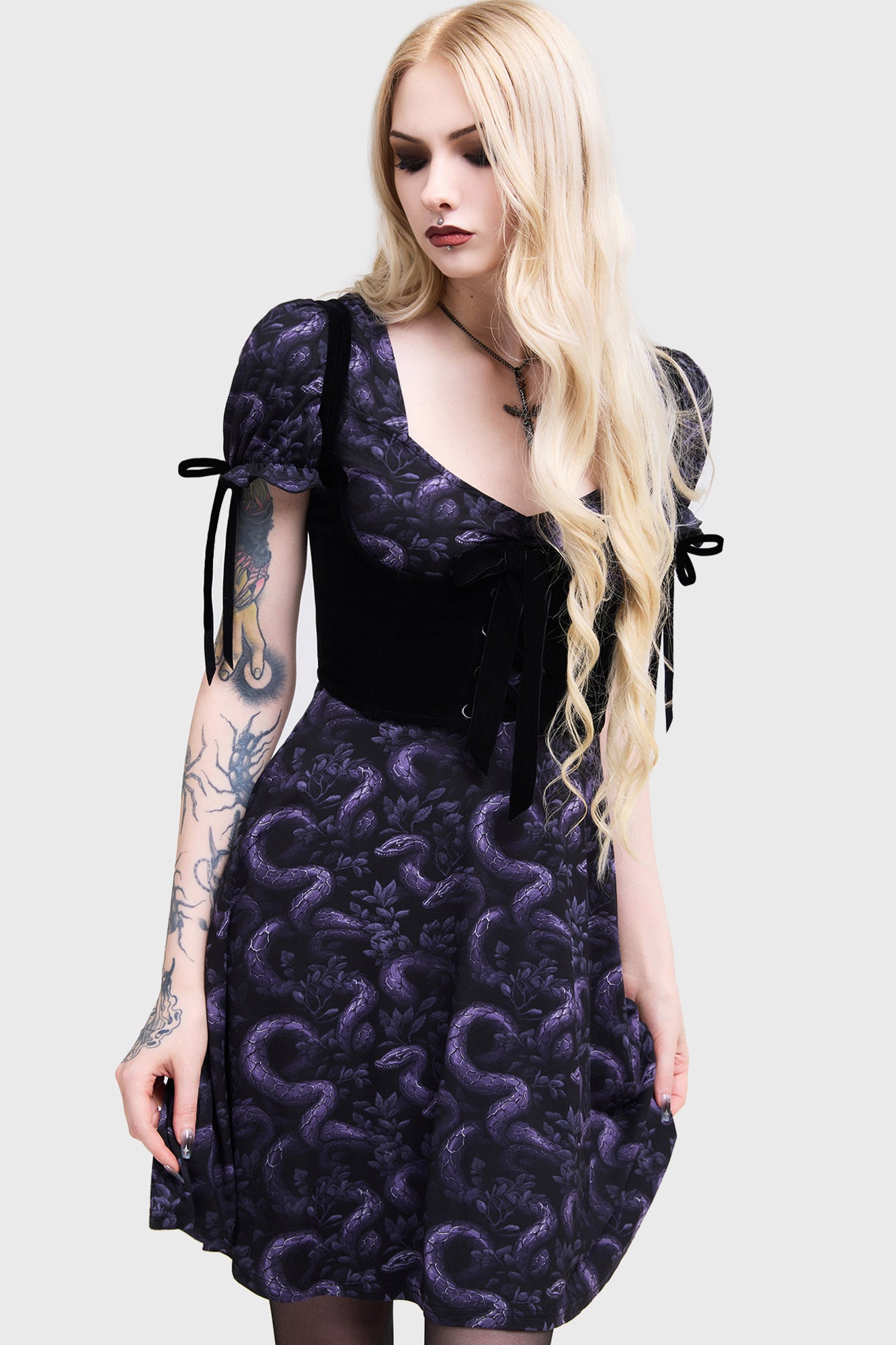 Killstar Serpentalia Purple Snake Print Mini Dress with Bow Ties