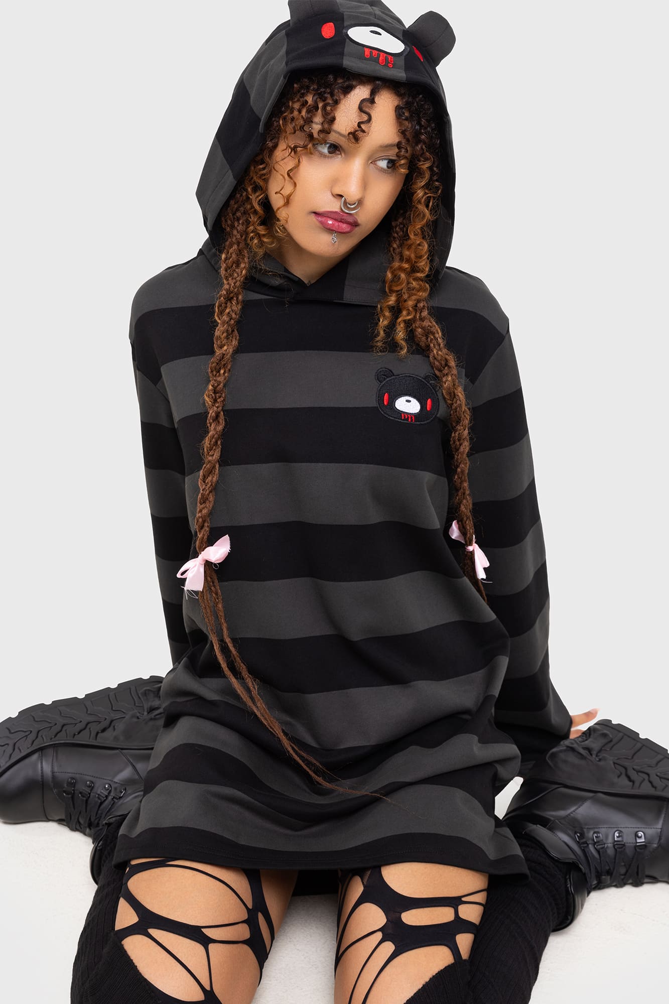 Killstar Harajuku Hooded Dress with Ears - Cotton Striped Mini