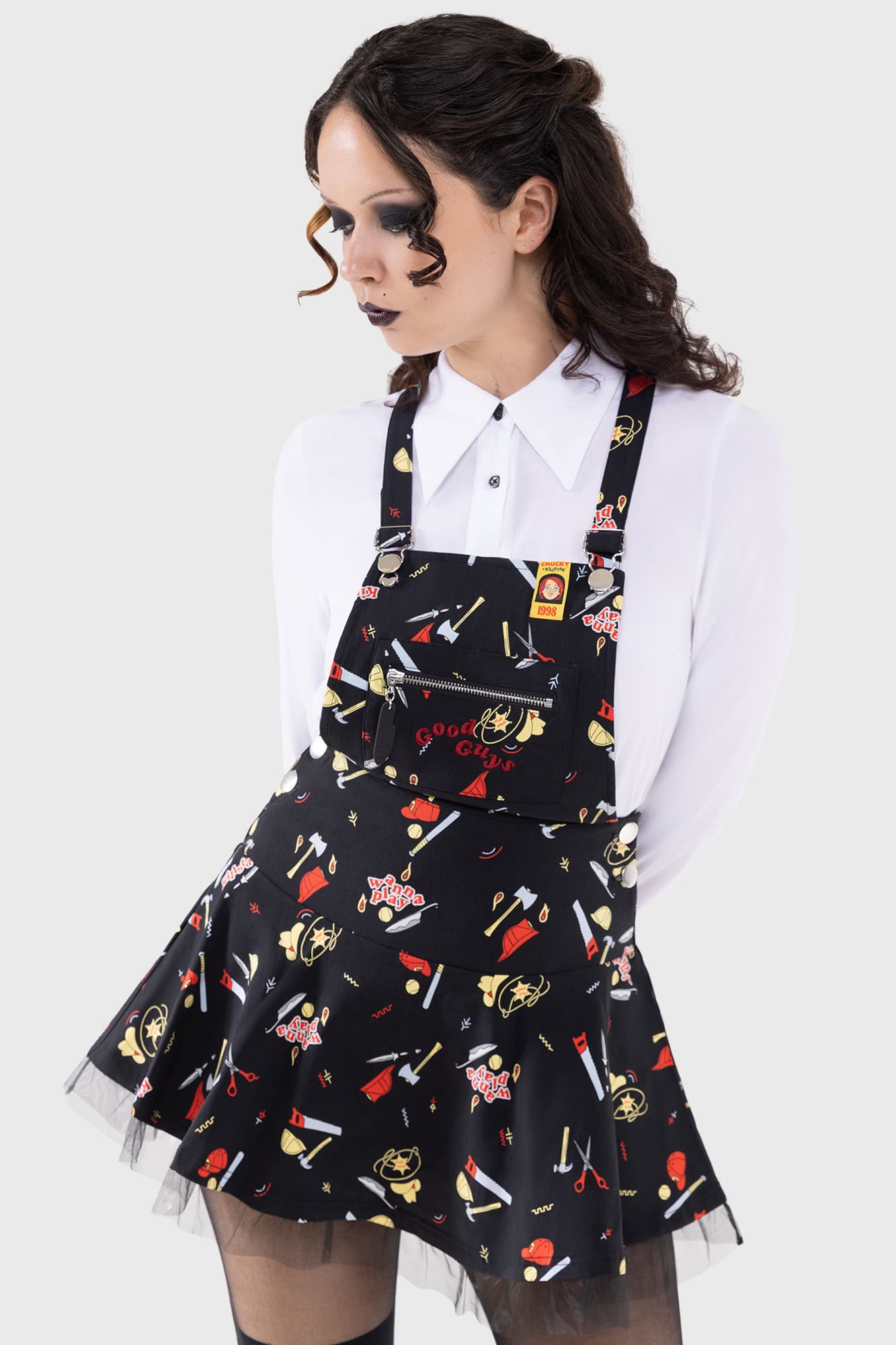 Killstar Chucky Pinafore Dress with Knife Zipper & Adjustable Straps