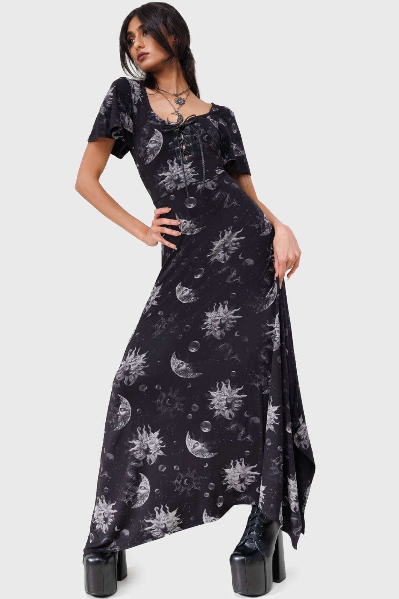 Killstar Umbral Celestial Print Maxi Dress with Adjustable Ties