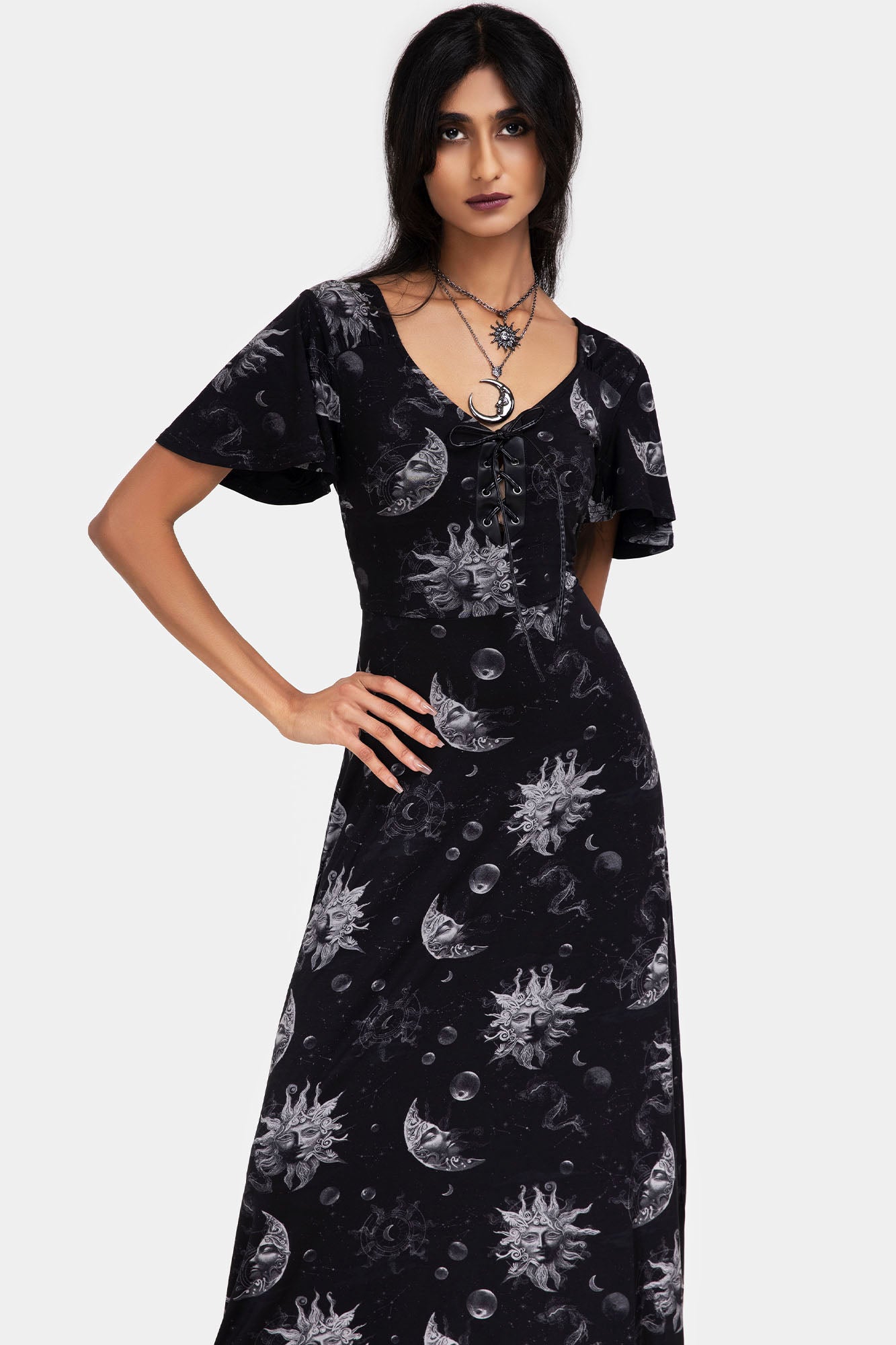 Killstar Umbral Celestial Print Maxi Dress with Adjustable Ties
