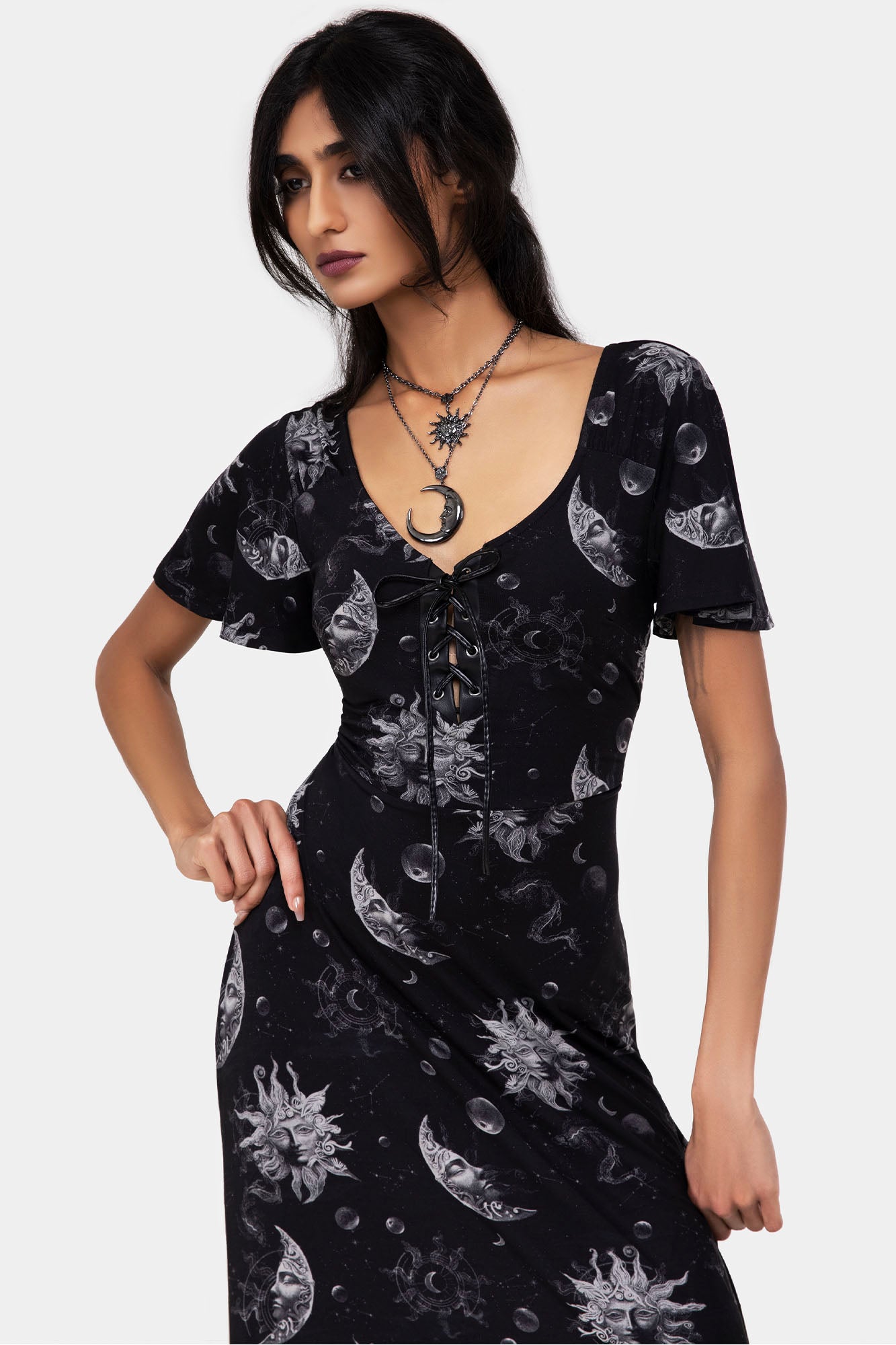 Killstar Umbral Celestial Print Maxi Dress with Adjustable Ties