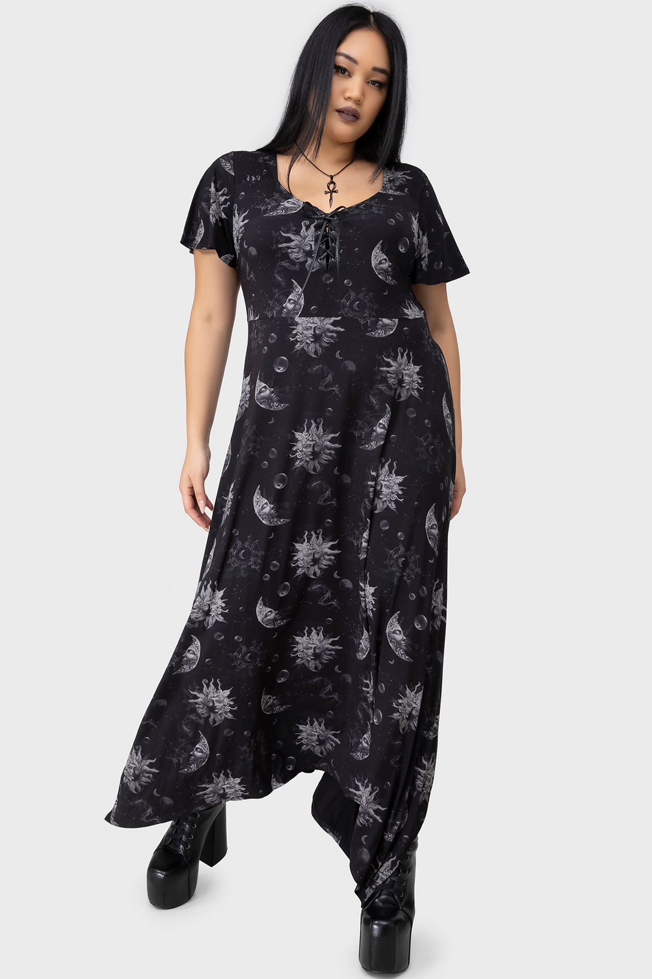 Killstar Umbral Celestial Print Maxi Dress with Adjustable Ties