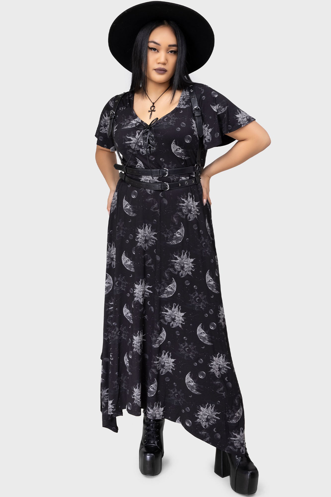 Killstar Umbral Celestial Print Maxi Dress with Adjustable Ties