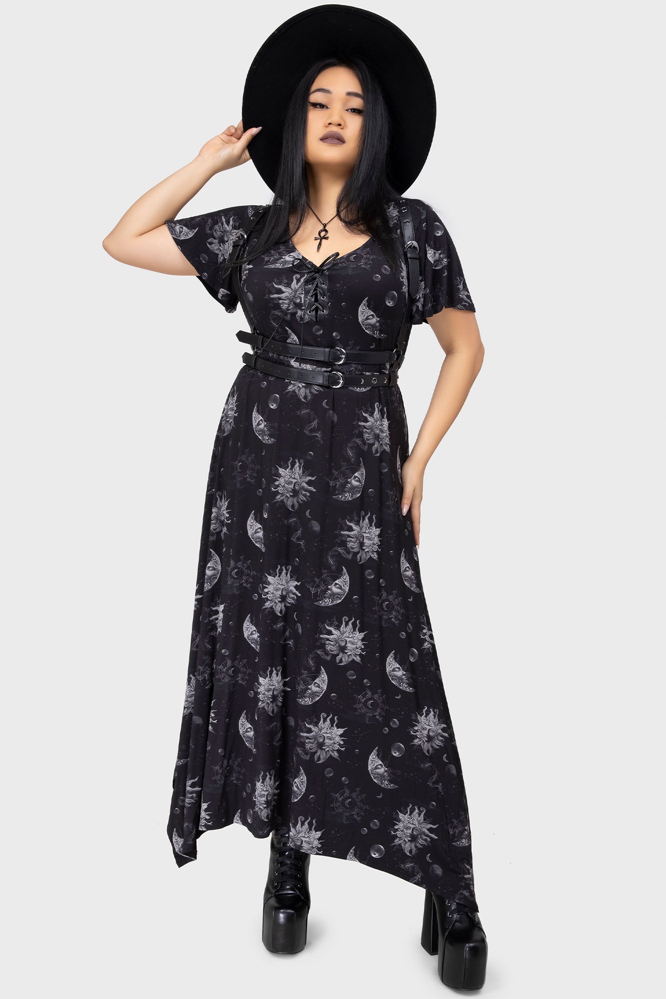 Killstar Umbral Celestial Print Maxi Dress with Adjustable Ties