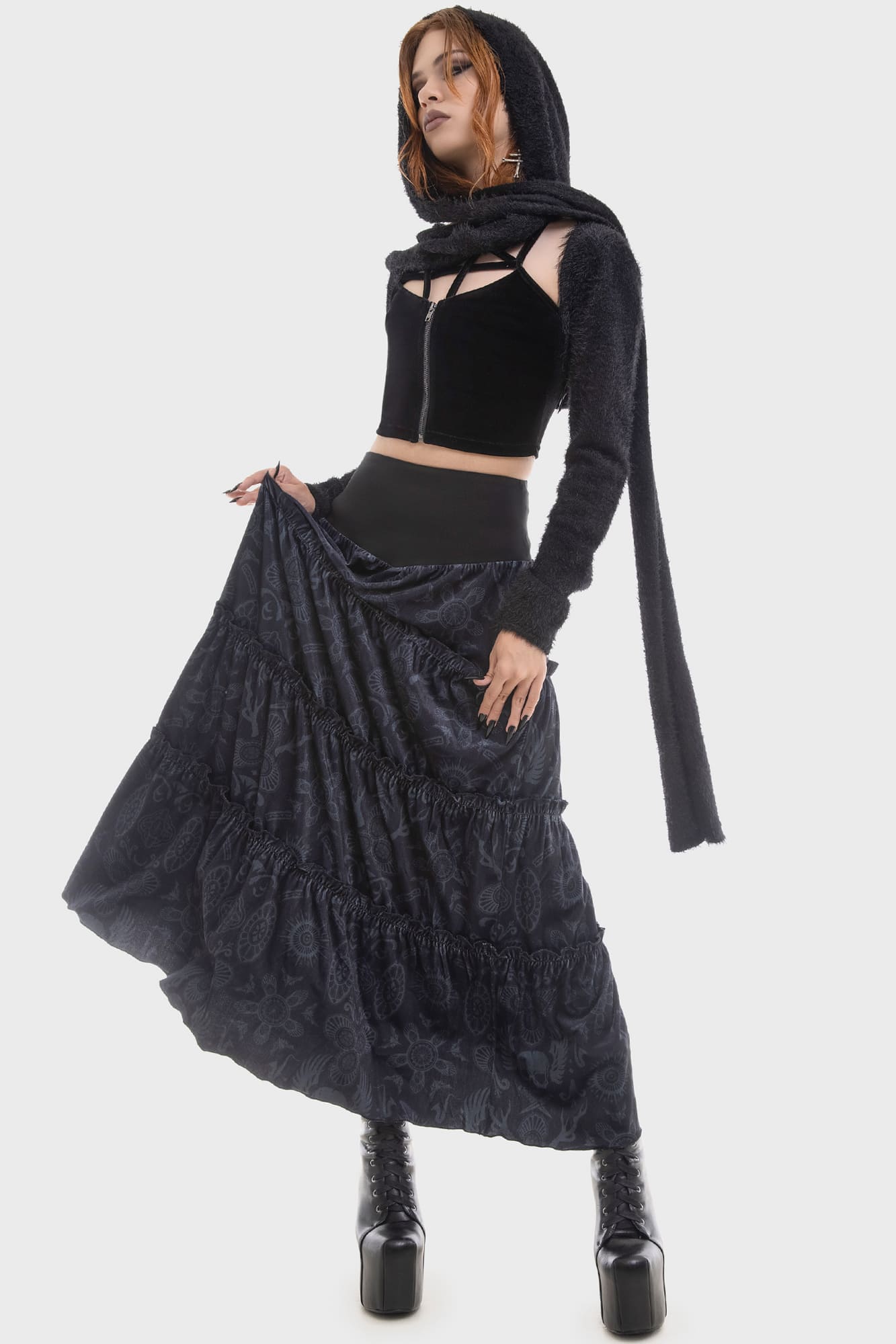 Lost Boys Half Vamp Velvet Maxi Skirt - Gothic Tiered Ruffles