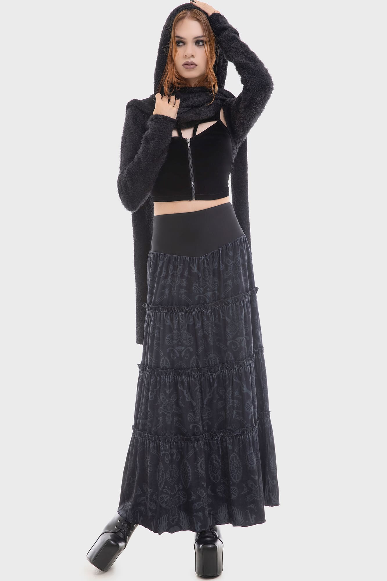 Lost Boys Half Vamp Velvet Maxi Skirt - Gothic Tiered Ruffles