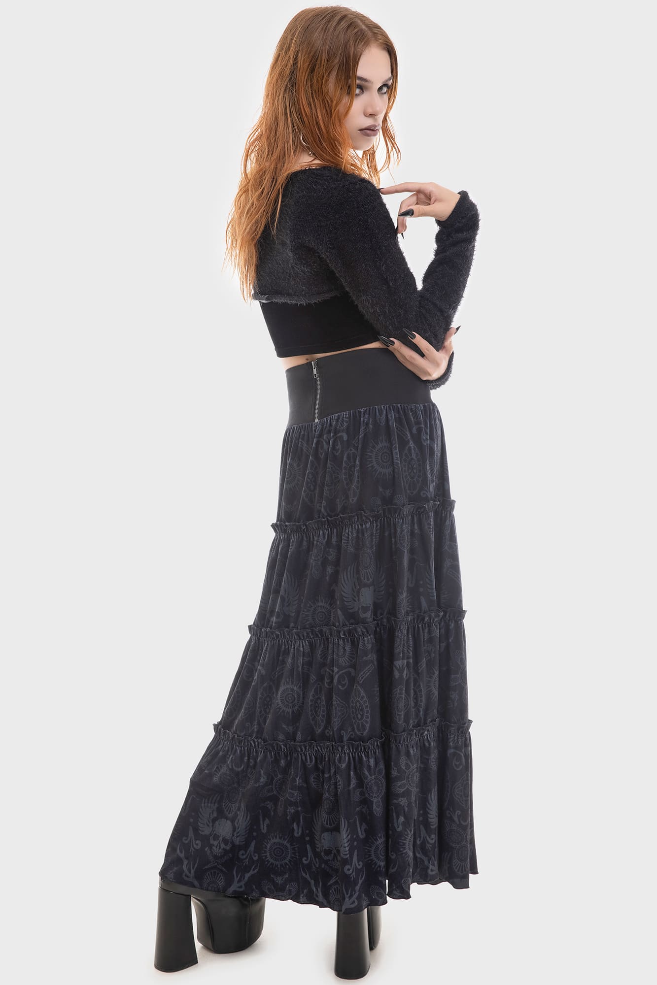 Lost Boys Half Vamp Velvet Maxi Skirt - Gothic Tiered Ruffles